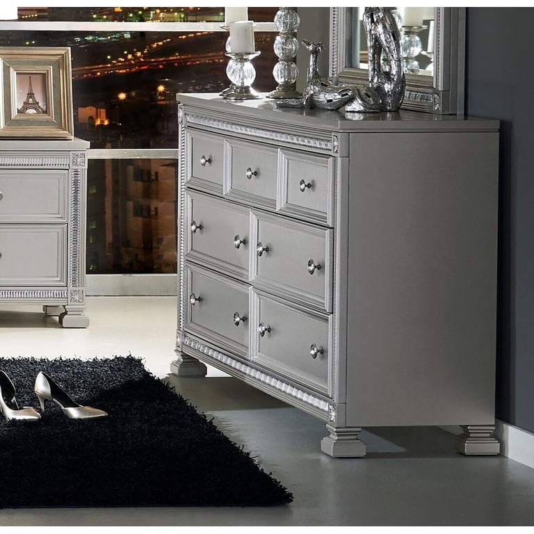dillards silver dress Homelegance Cavalier Dresser A matching mirror with notched edge designs completes a Hollywood glam look New Classic Valentino Silver Dresser