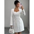 thumbnail image 7 of White Tweed Sweetheart Neck Long Sleeve Tailored Short Dress For Women, 7 of 7