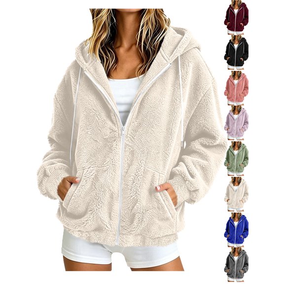 Winter Coats for Women Solid Color Long Sleeve Zip-Up Fleece Hooded Jacket with Drawstring and Pockets Fall Winter Trendy Fuzzy Jackets with Pockets