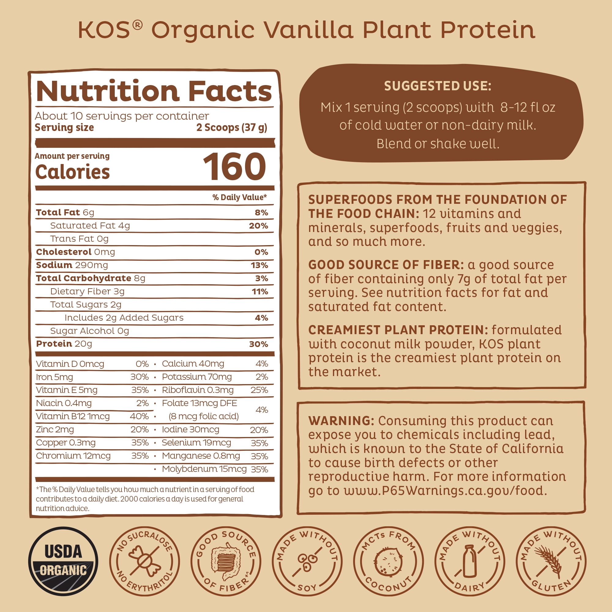 KOS Organic Plant Based Protein Powder, Vanilla, 20g Protein, 10 Servings, 13.05oz