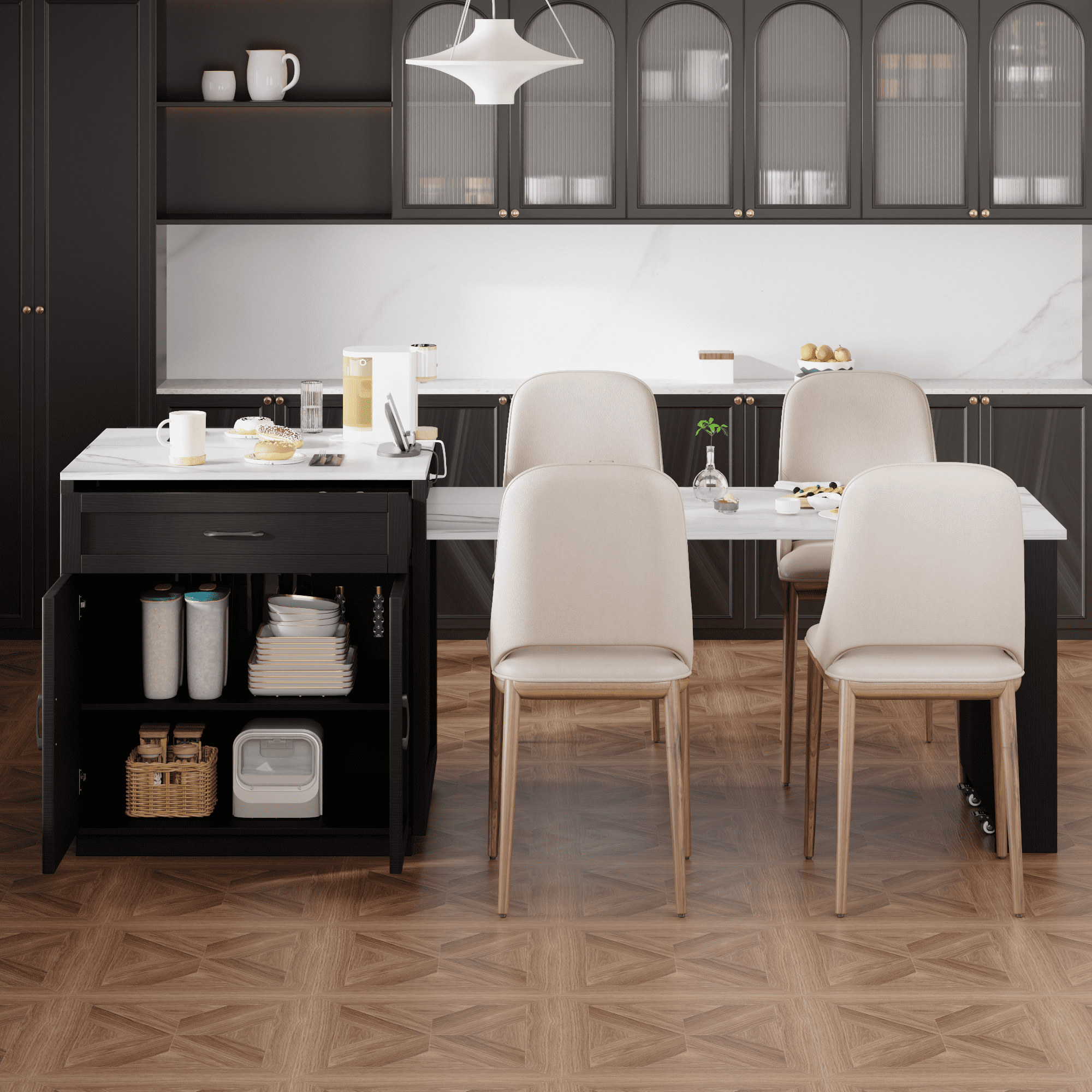 EUROCO 82.7" Kitchen Island with Extendable Dining Table for 4-6 Person,Two-tone Kitchen Table with Double-sized Storage, Power Outlet,2 Drawers and 2 Side Open Shelves,Black