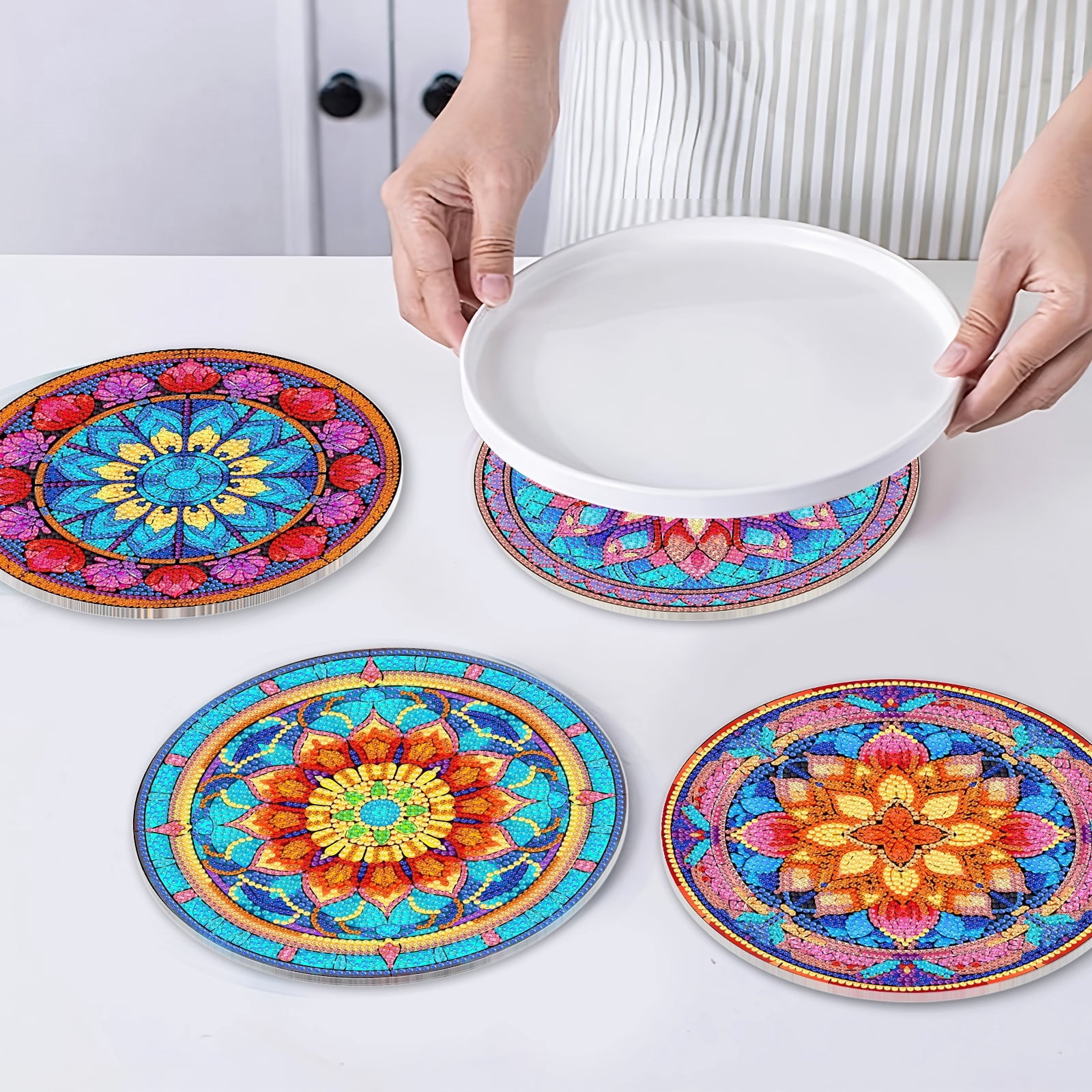 FLOPESN 4 Pcs Diamond Art Painting Coasters,Acrylic Single-Sided Dotted Diamond Dinner Plate Set for Restaurant Decoration-Mandola