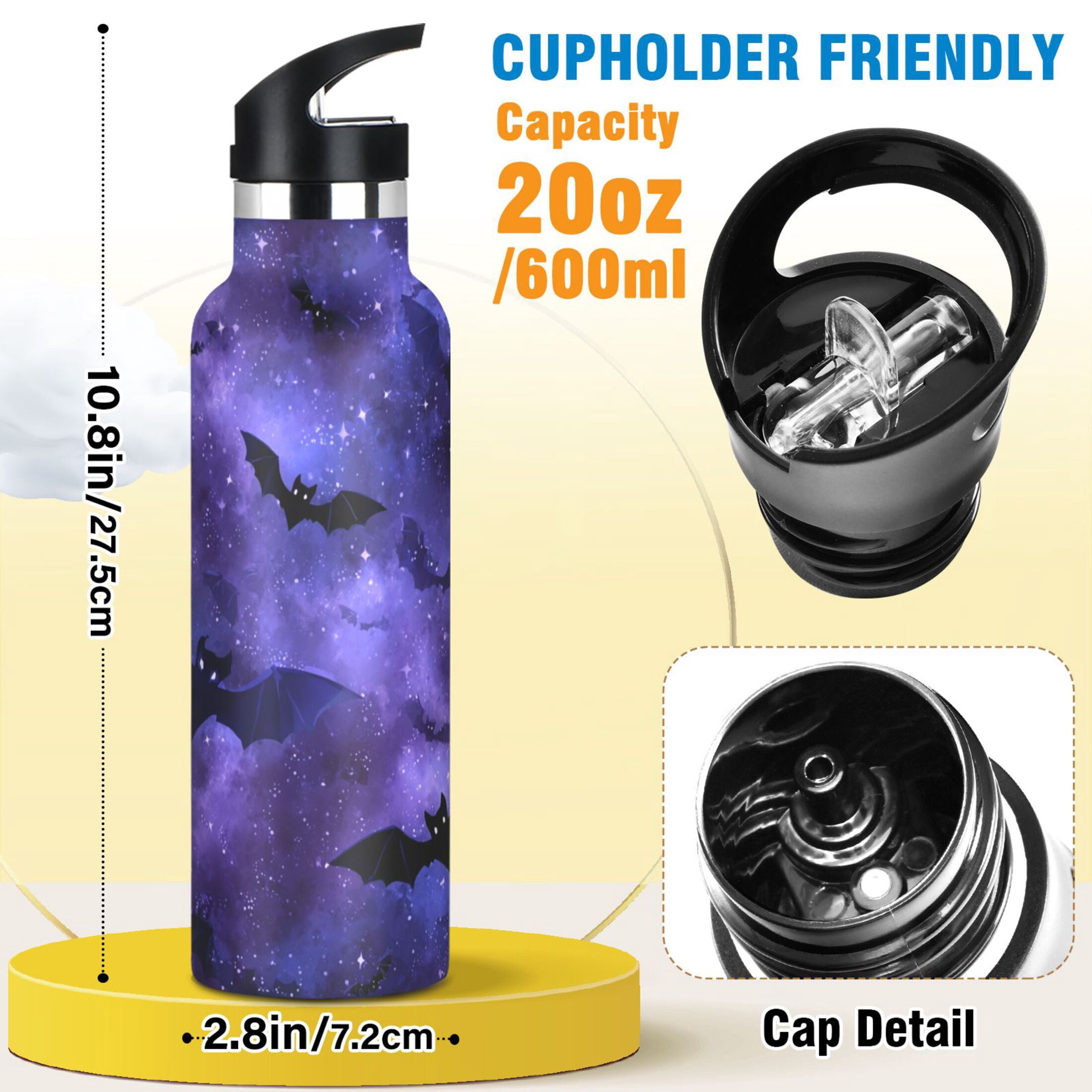 Kids Insulated Stainless Steel Sports Water Bottle 600ml (20oz) Bats in The Night Sky