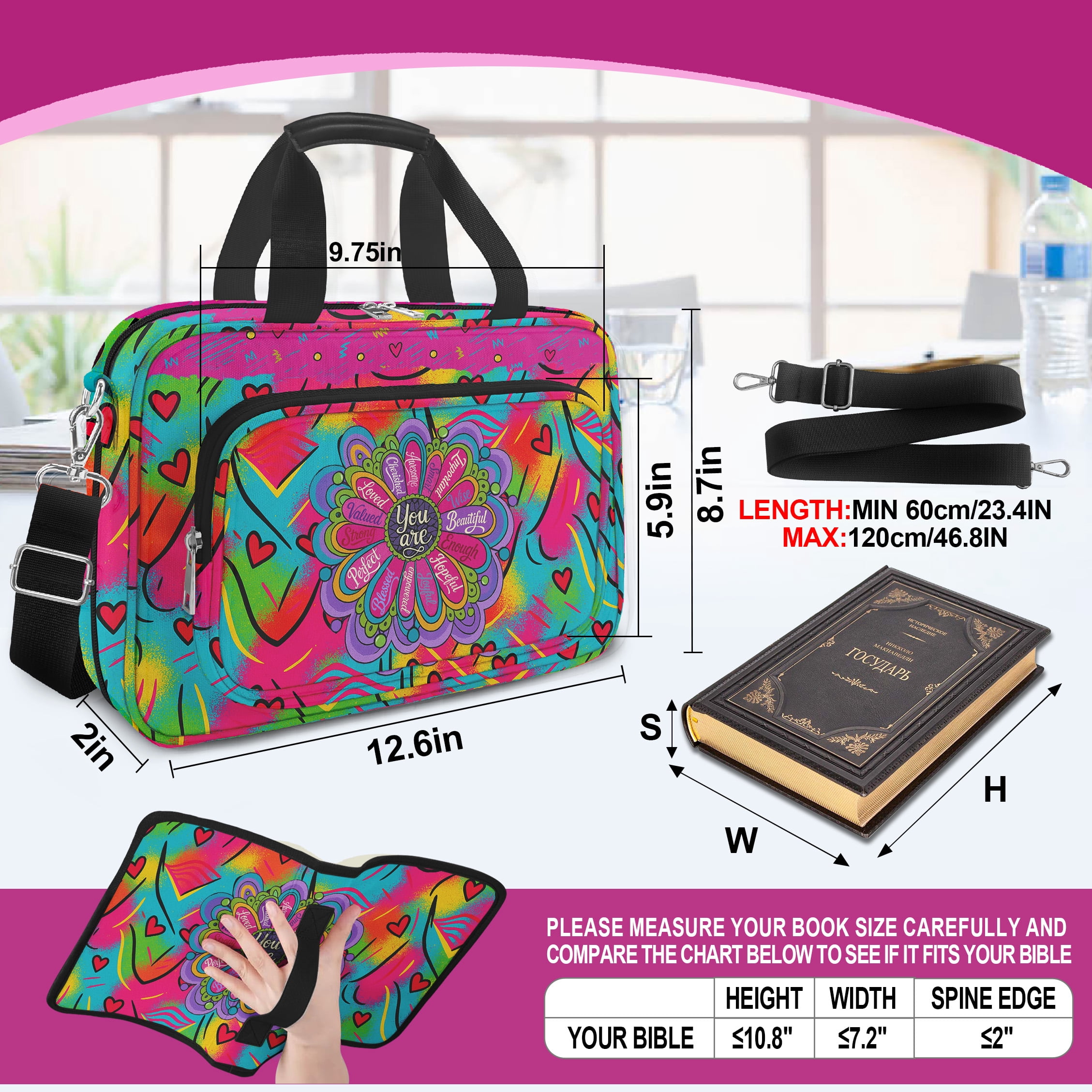 Bible Cover, Mandala Flower Large Bible Bag for Women, Bookmark Church Bag Study Supplies Journaling Kit Book Carrying Case with Bible Highlighters Shoulder Strap