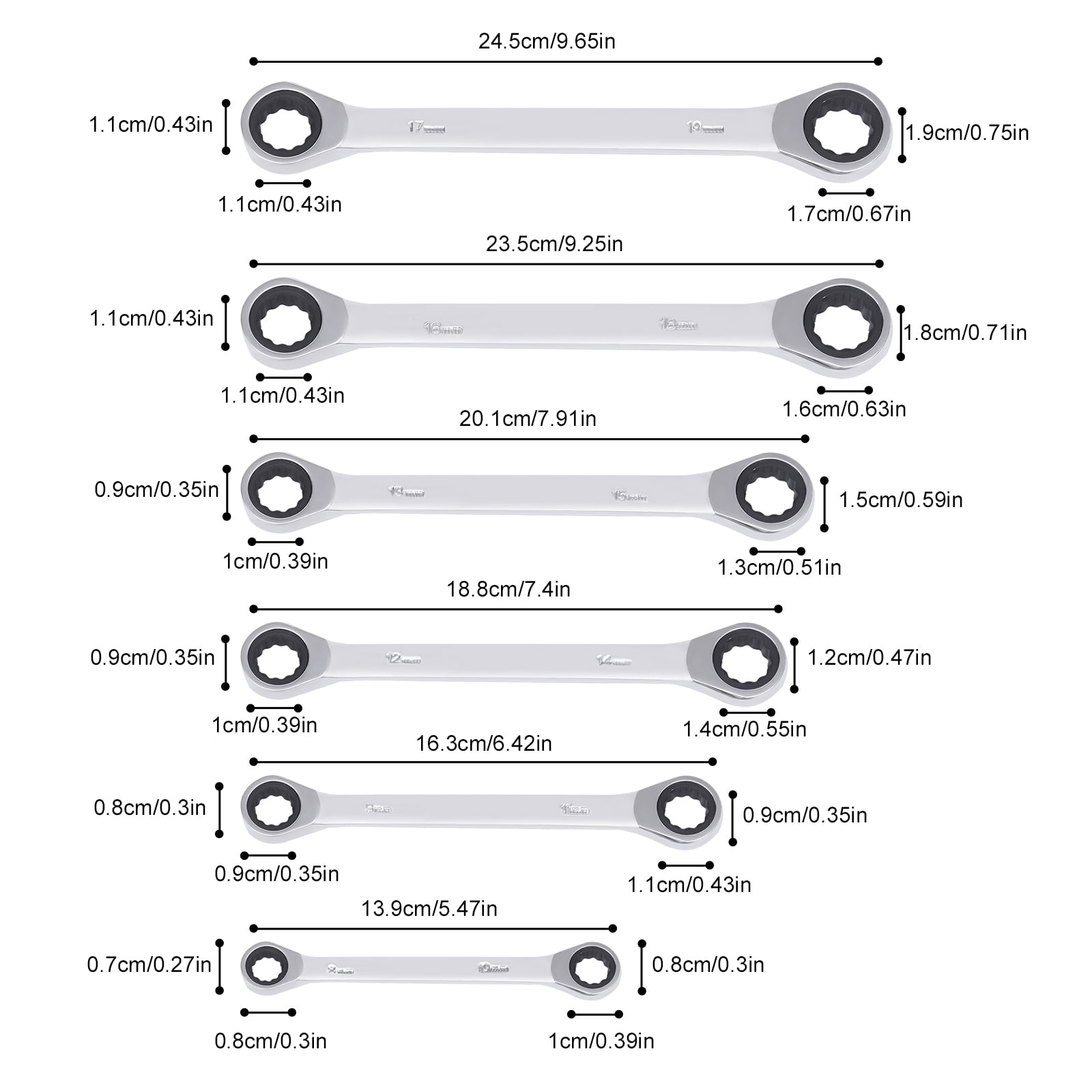 6-Piece Flex-Head Extra Long Ratcheting Wrenches Double Box End  45#Steel 72-Tooth Wrench Set with Metric 8mm - 19mm