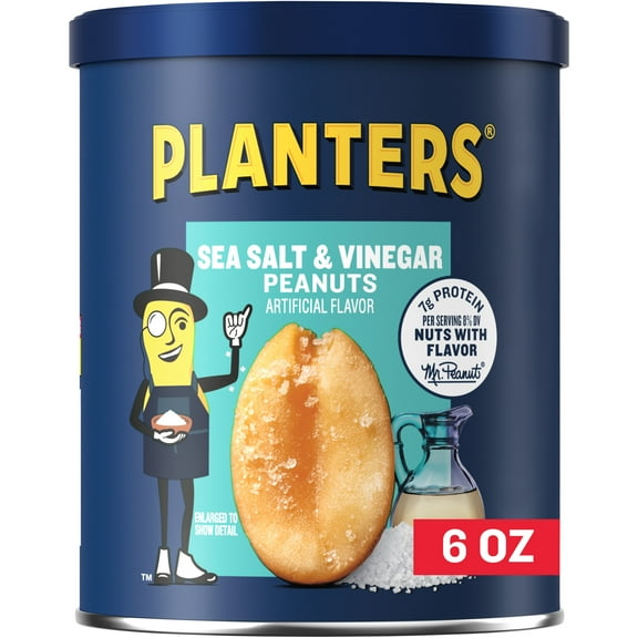 PLANTERS Sea Salt and Vinegar, Party Snacks, Plant Based Protein, 6 oz Canister