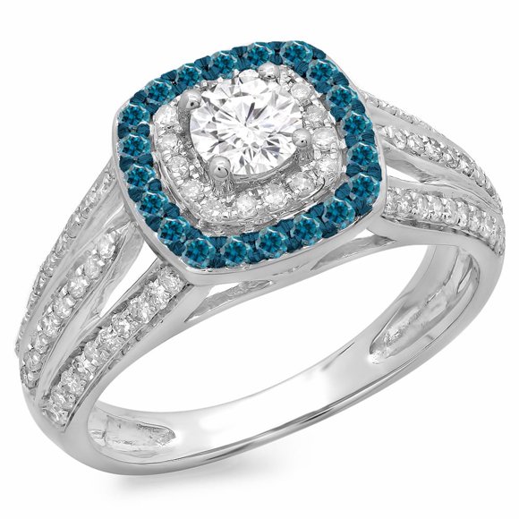 Dazzlingrock Collection 1.10 Carat (ctw) 14K Round Cut Blue & White Diamond Vintage Bridal Halo Ring 1 CT, White Gold, Size 10