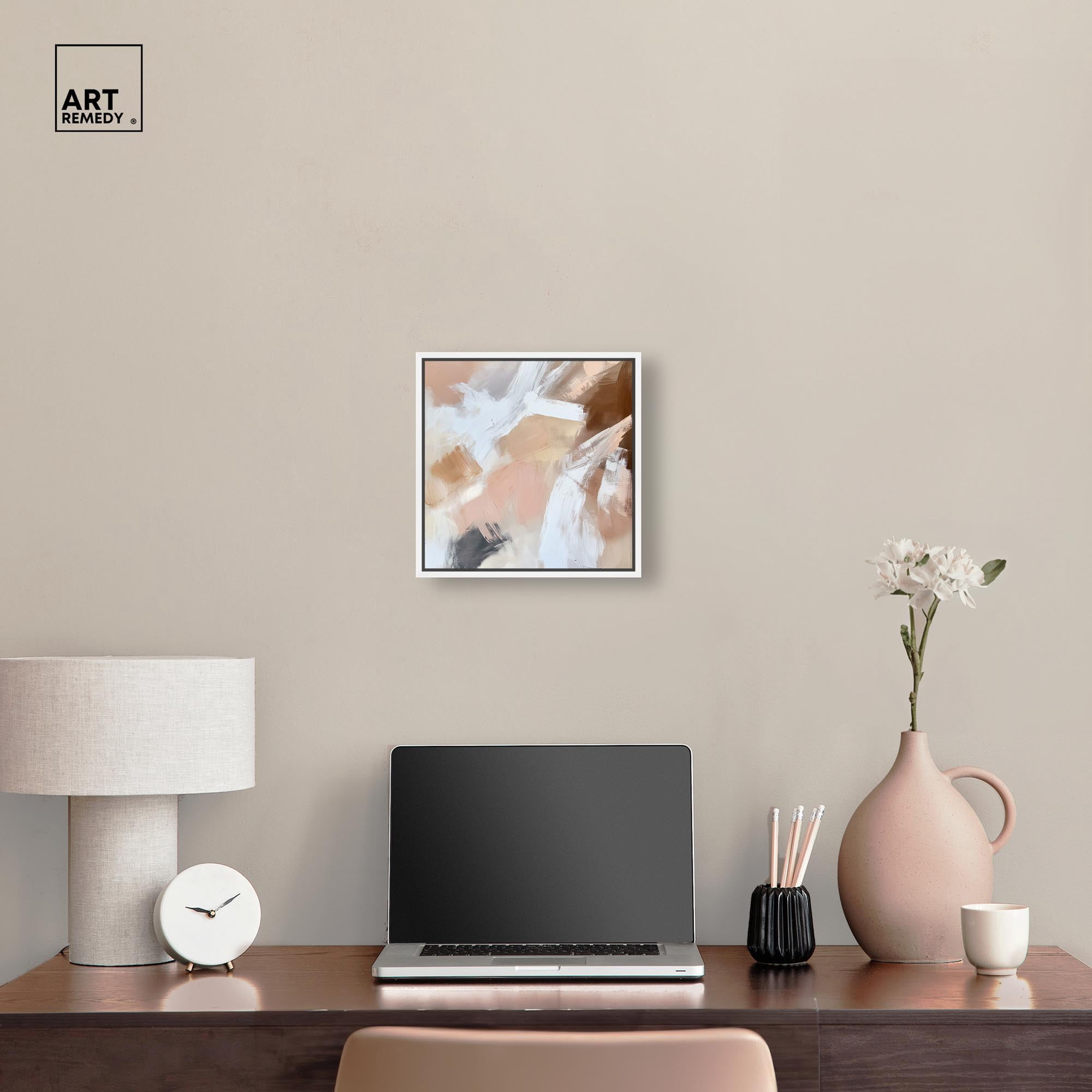 Taupe and Ash I Canvas Boho Minimalist by Art Remedy, White Frame, 12 x 12