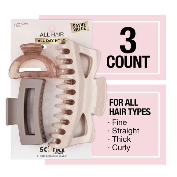 Scunci Plastic Claw Clips, Multicolor, 3 Count