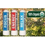 Nasal Inhaler Aromatherapy Gift Set of 3 - Energy Focus Relax - Made with 100% Pure Therapeutic Grade Organic Essential Oils 0.7 mL each by Sponix Made in USA / Fast Shipping