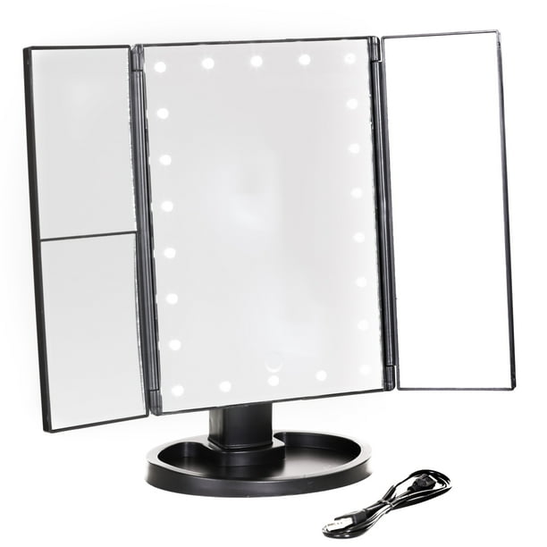 TriFold LED Lighted Vanity Makeup Mirror with Built In Tray Walmart