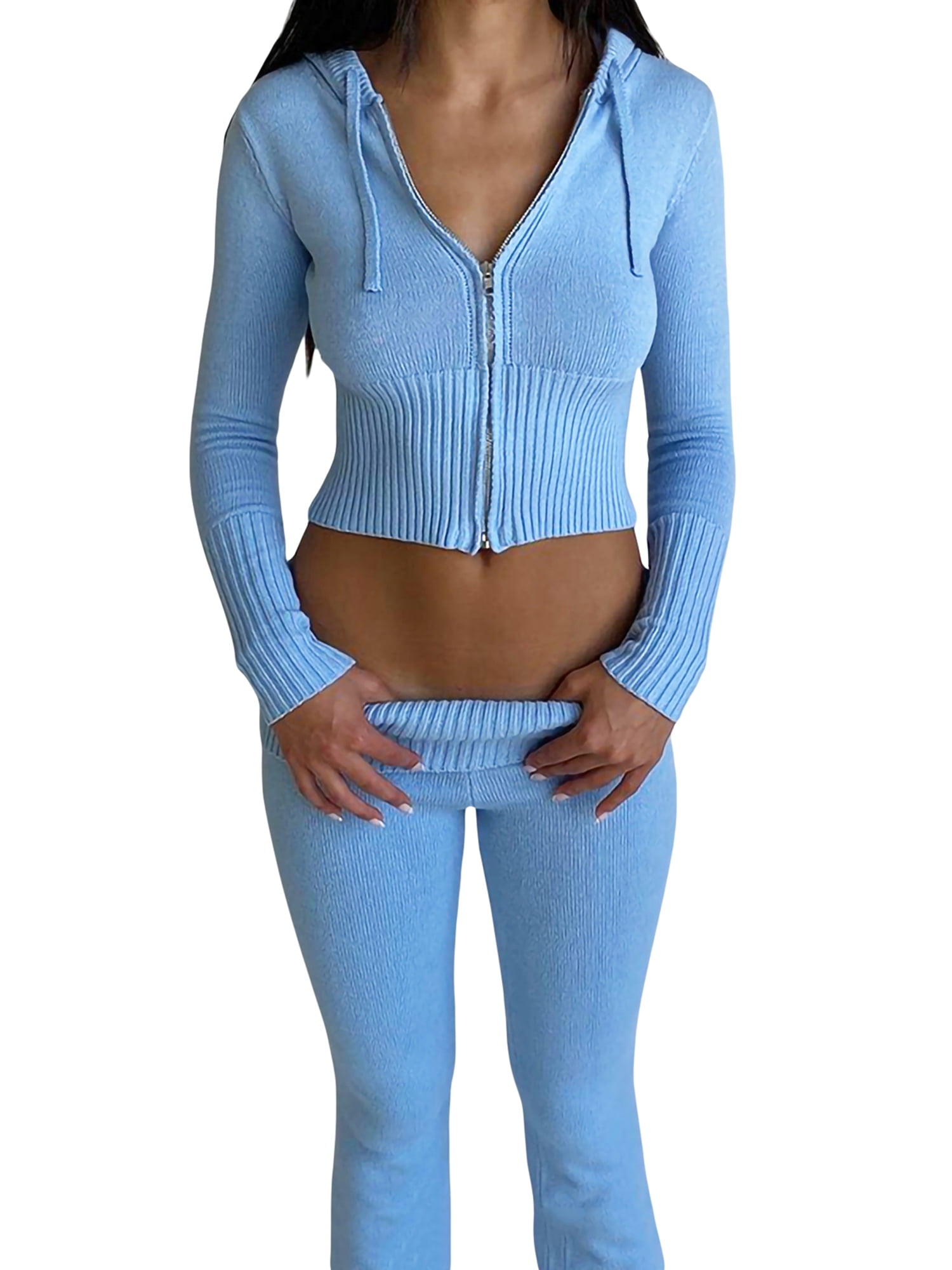 Gwiyeopda Y2k Knit 2 Piece Outfit Zip Up Long Sleeve Hooded Crop Pants  Tracksuit Lounge Sets