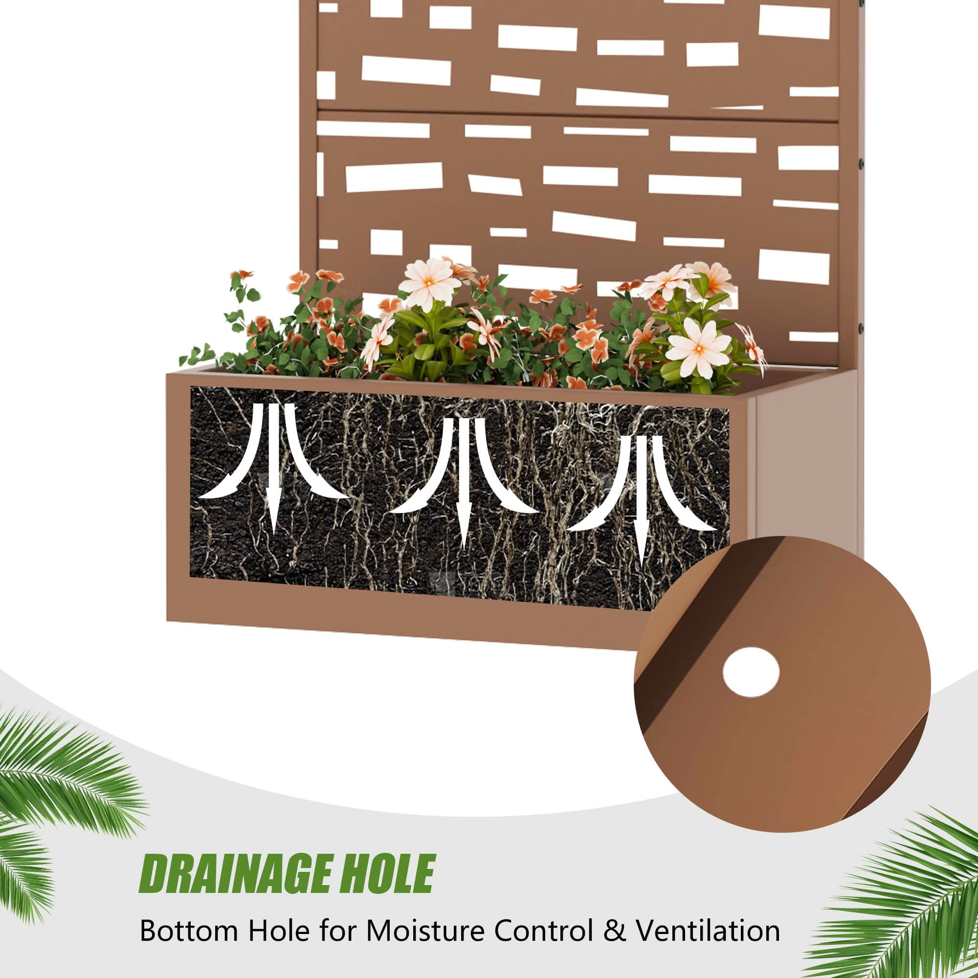 MAYEERTY 59X30" Metal Outdoor Brown Privacy Screen with Planter Box for Backyard & Garden, 4 Piece Set