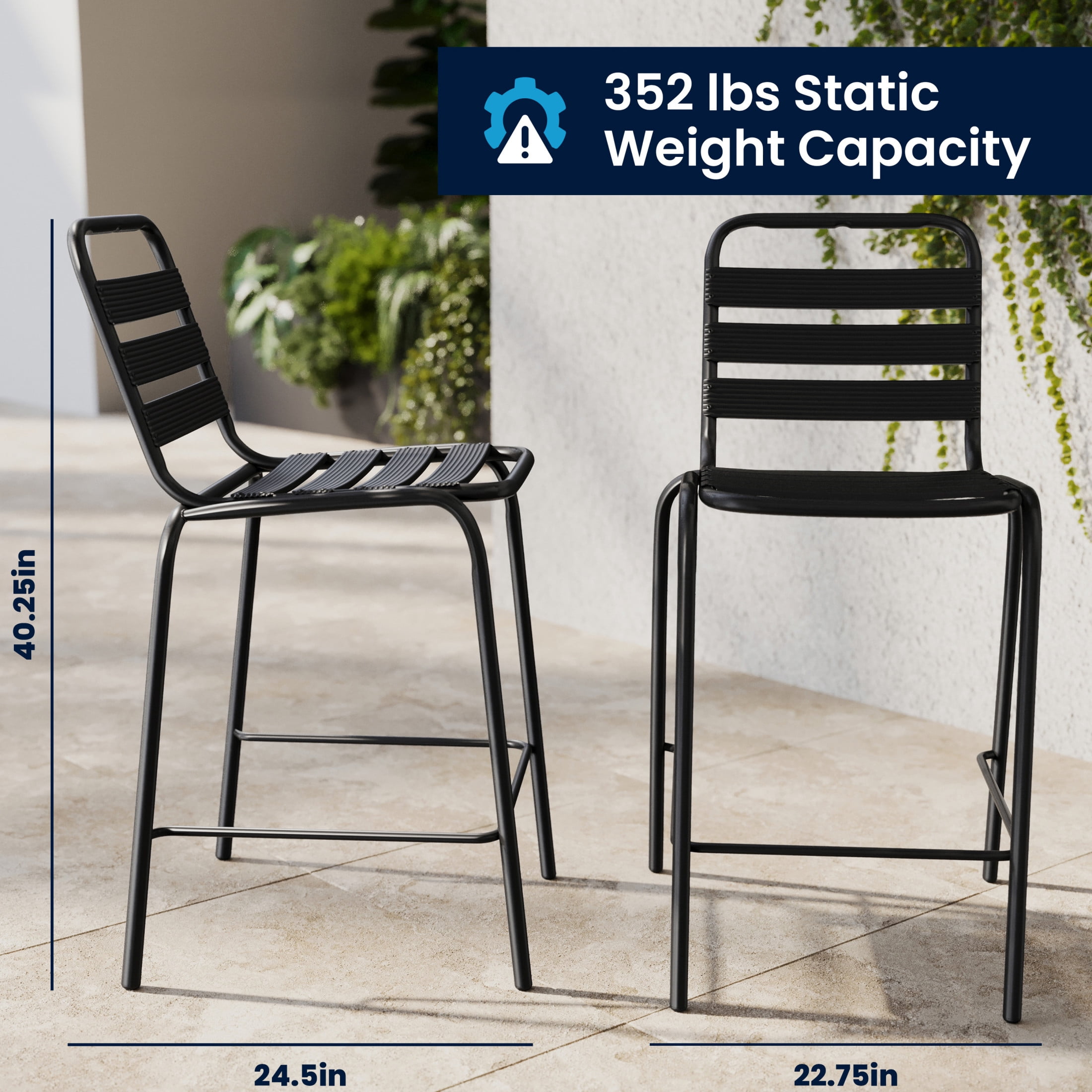 Emma + Oliver Black Metal Bar Height Stool with Triple Slatted Back for Indoor and Outdoor Use