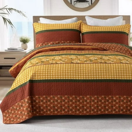 DDUOXIN Bohemian Fall King Quilt - 100% Cotton Floral Brown & Gold & Green Striped King Size Quilt Set, Lightweight Boho Bedspread Autumn Gift 3-Piece Quilt Comforter Set with 2 Pillowsham, 98"x106"