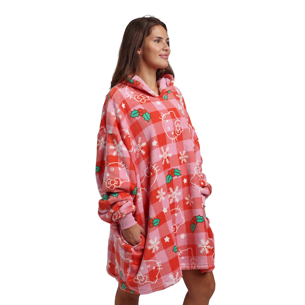 Hello Kitty Christmas Line Art Red Plaid Hoodie Wearable Blanket-OSFA