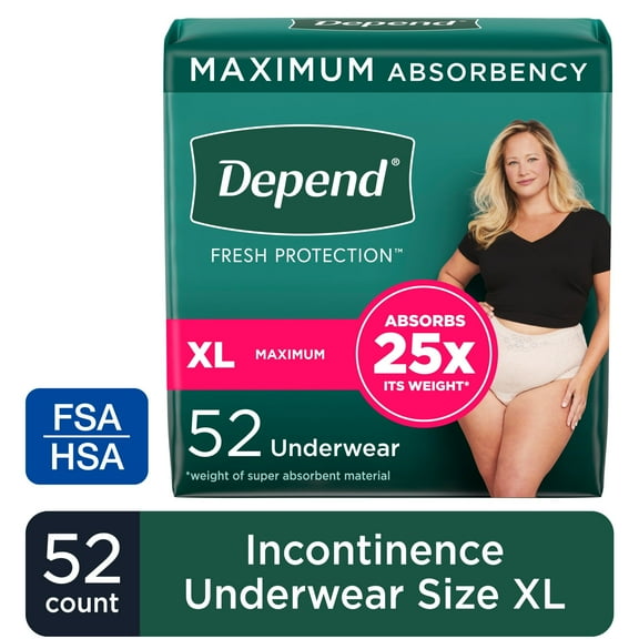 Depend Fresh Protection Incontinence Underwear for Women, Adult Diapers, XL, 52 Count