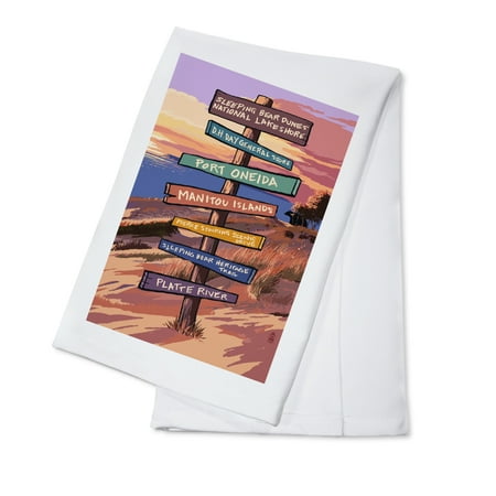 Lakeshore Collections Sleeping Bear Dunes National Lakeshore - Dunes Sunset and Bear - Destination Sign - LP Artwork (100% Cotton Kitchen Towel) ()