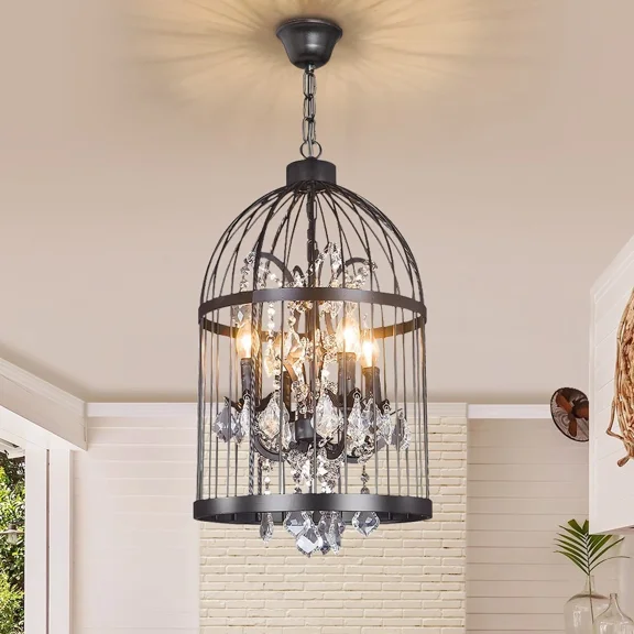 More Change Vintage Bird Cage Crystal Chandelier Pendant Lamp Lighting Black Ceiling Light