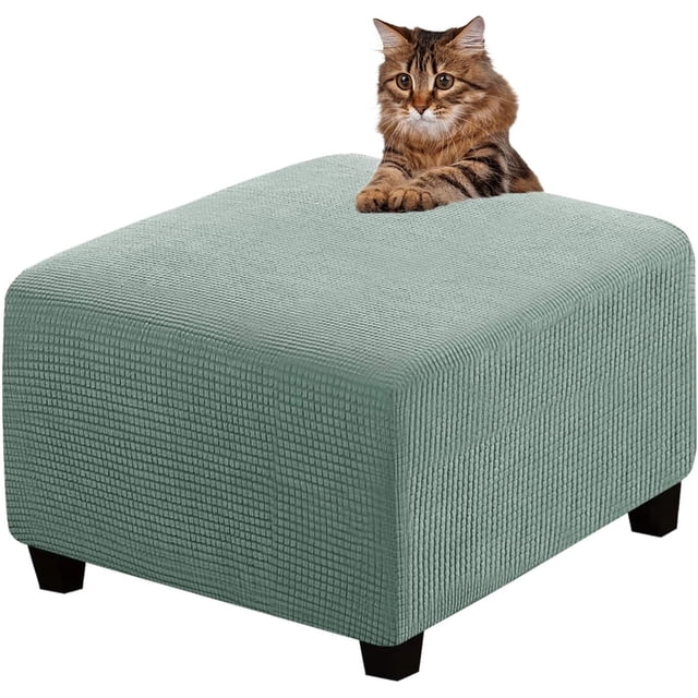 Ottoman Cover Slipcovers Square Fit Length 13"-44" Footrest, Stool Covers, Ottoman Protector Cover, Footstool Covers with Stretch Thick Checked with Elastic Bottom, Removable Washable(Sage,M(46-56cm))