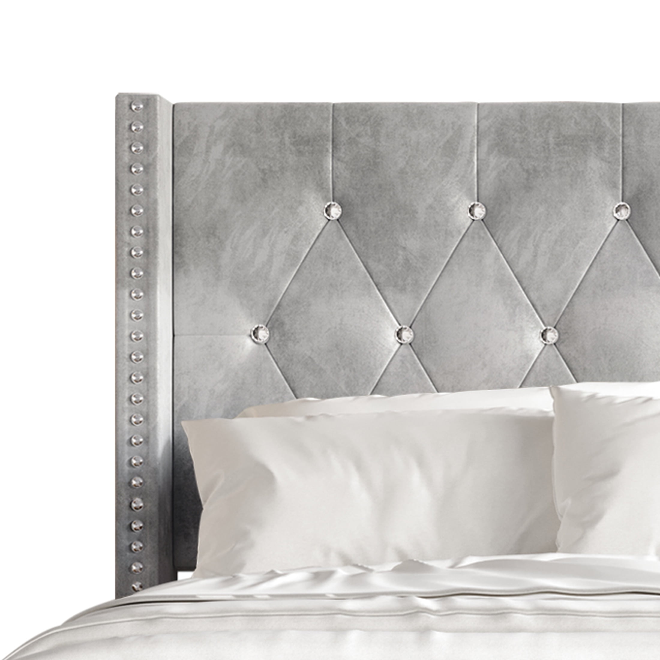 Castle Place Nailhead Trim Wingback Upholstered Bed, Silver Grey Velvet, King