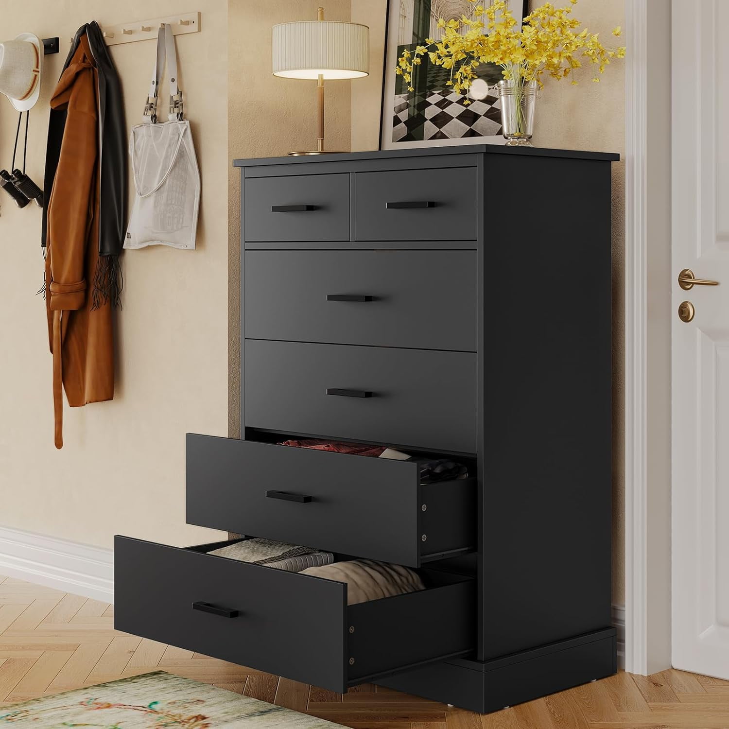 Aunfebrco 6 Drawer Dresser for Bedroom Tall Dresser & Chest of 6 Drawers with Metal Handles, Wood Storage Cabinet Clothes Organizer for Living Room, Black
