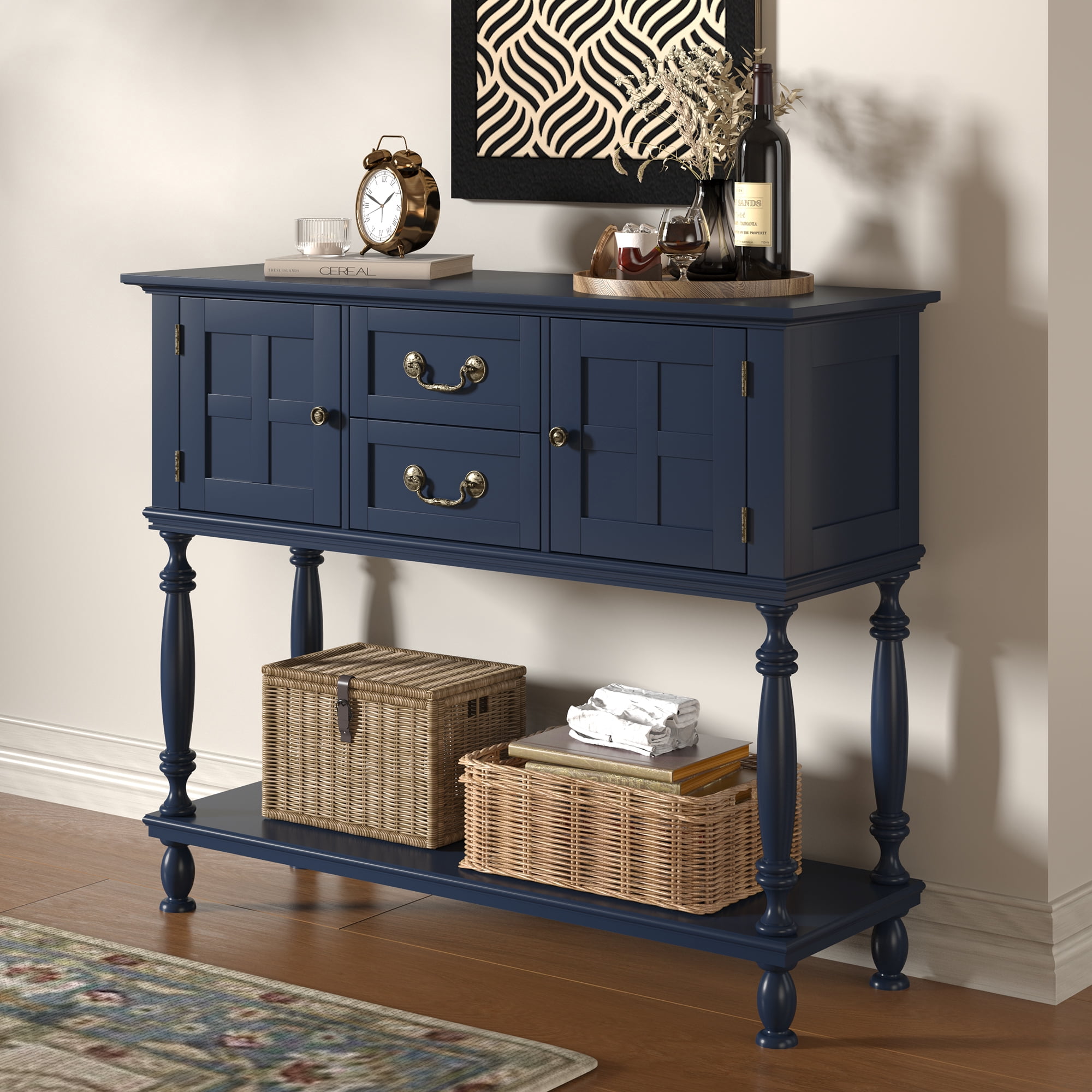 ZOSQUARE 42" Blue Console Table with Storage Cabinet, Entryway Table with Turned Legs and Bottom Shelf, Vintage Sofa Table Behind Couch for Living Room