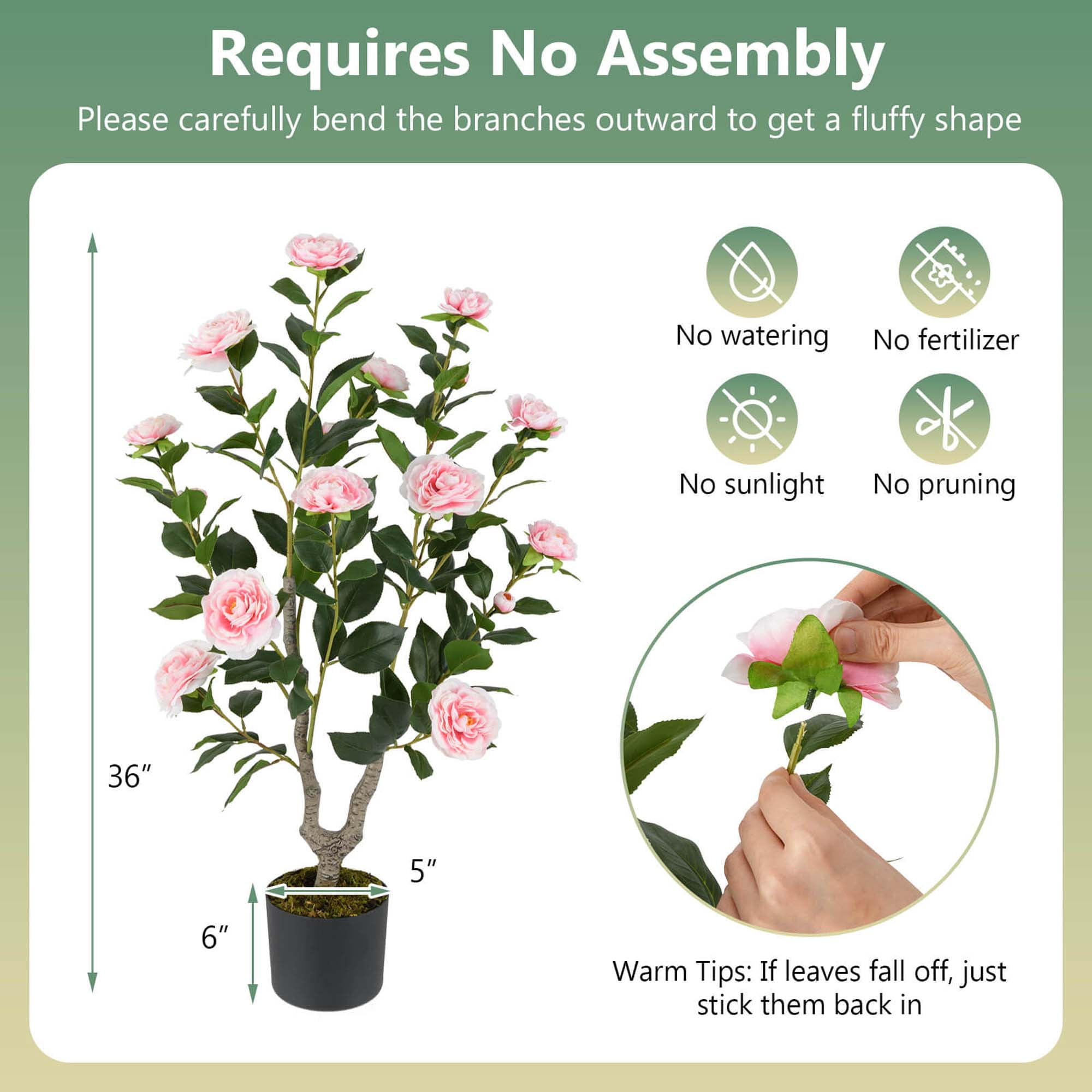 Costway 1 PCS 36" Artificial Camellia Tree Fake Potted Tree Greenery Floral Plant Modern Pink