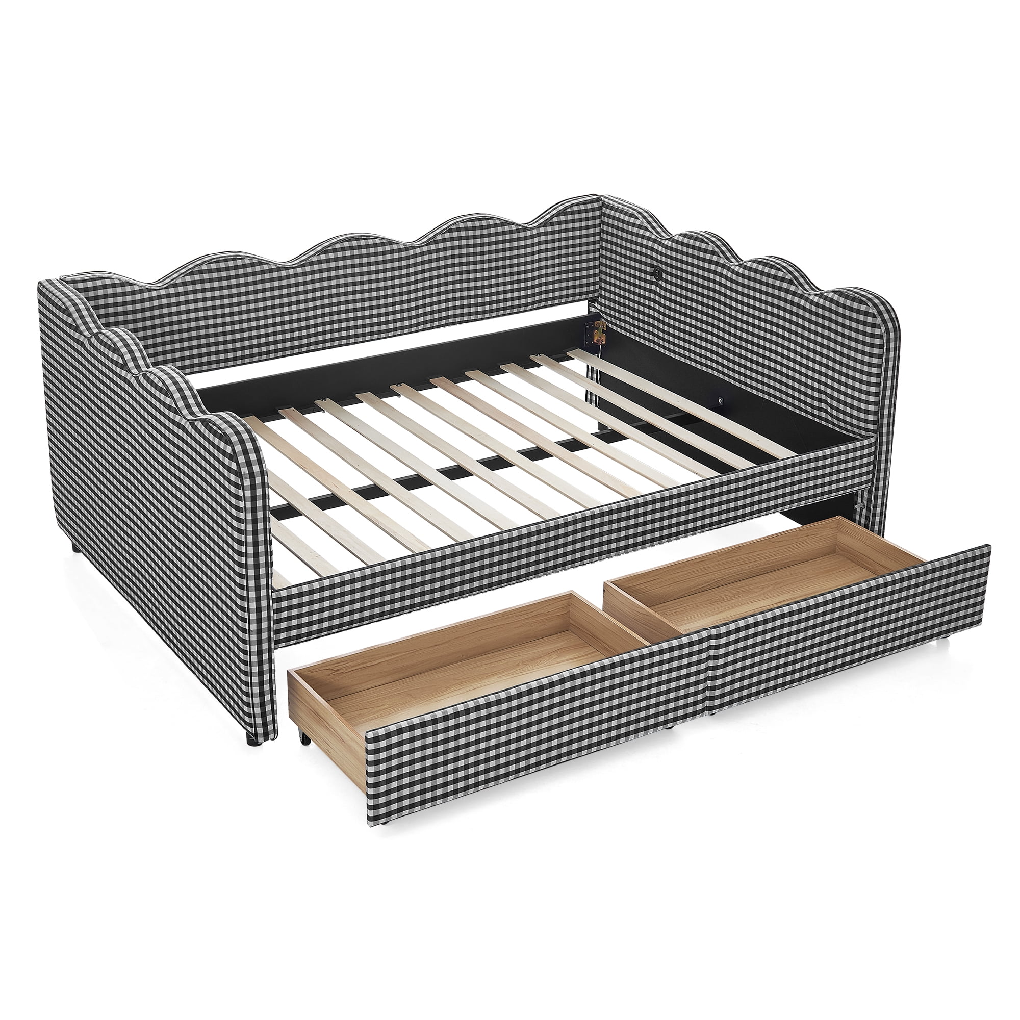 Full Size Daybed with Storage Drawers and USB Port, Upholstered Linen Sofa Bed Frame with Wave Design, Kids Guest Bed for Bedroom Living Room, Black