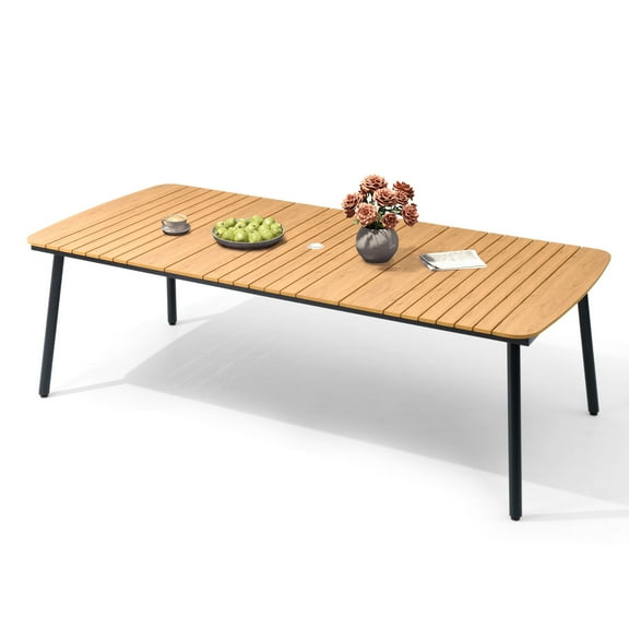Pellebant 93" Outdoor Dining Table for 8–10 People, Patio Rectangle Table with Wood-Like Tabletop and Umbrella Hole, Aluminum Frame for Garden, Lawn, or Backyard, Brown