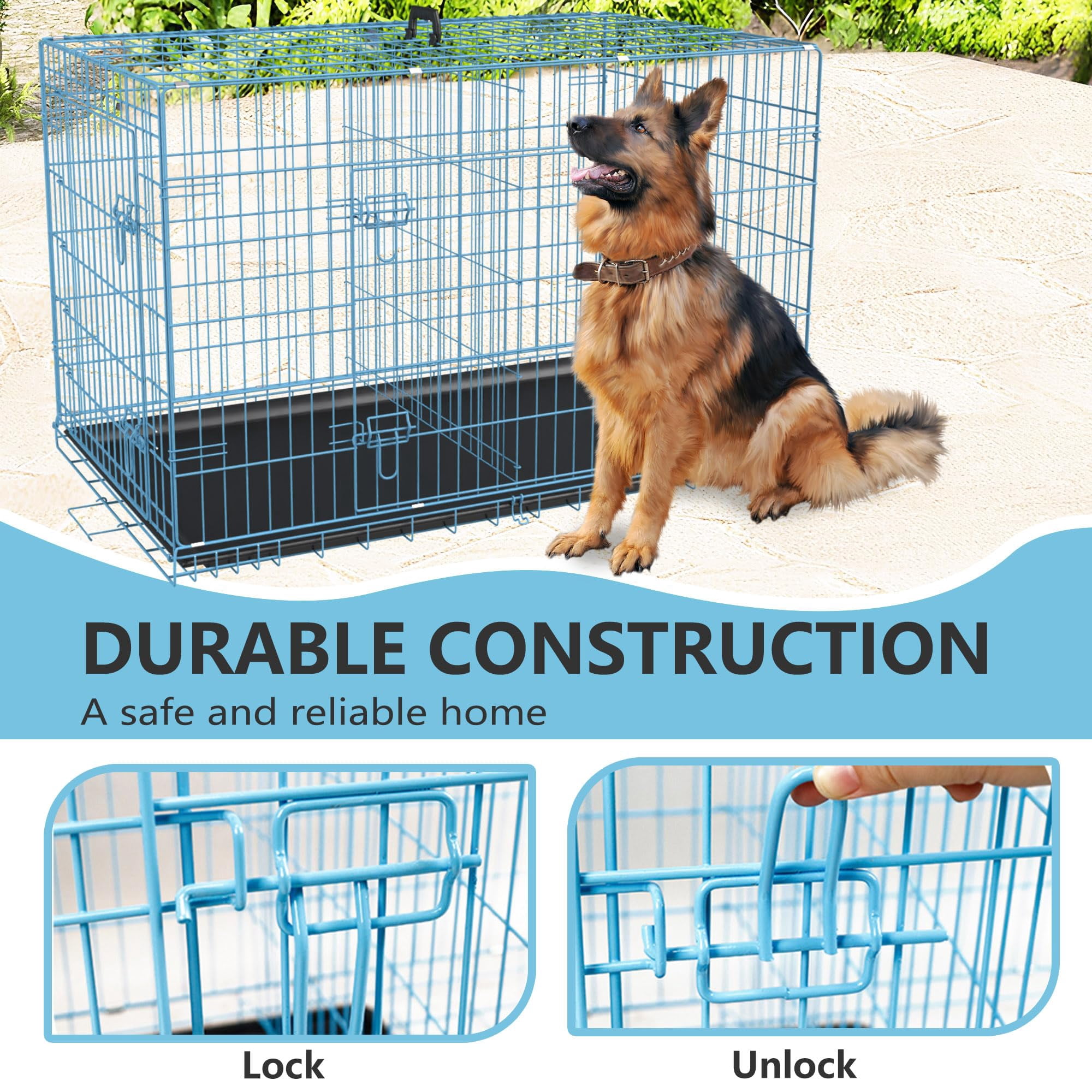 42 Inches Large Dog Crate with Divider Panel, Double Door Folding Metal Wire Dog Cage with Plastic Leak-Proof Pan Tray, Pet Kennel for Indoor, Outdoor, Travel, Blue