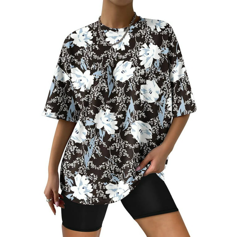 RQYYD Women Oversized Flower Graphic Tee Summer Casual Drop