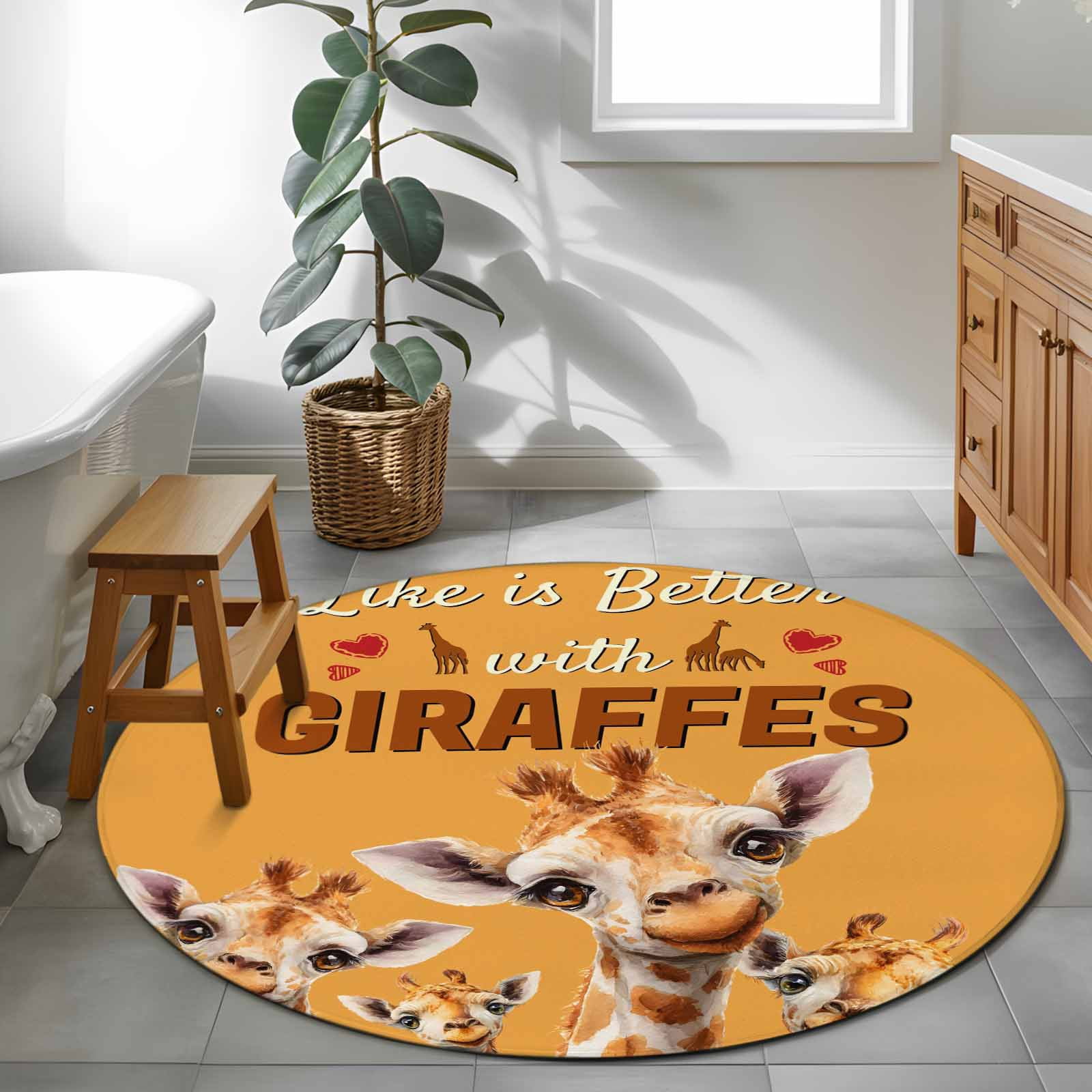Giraffe Round Area Rug 4Ft Washable Circle Rugs for Bedroom Dining Room, Red Love Heart Rustic Animals Orange Non-Slip Carpet Floor Mats Indoor Outdoor Carpet Runner Aesthetic Home Decor