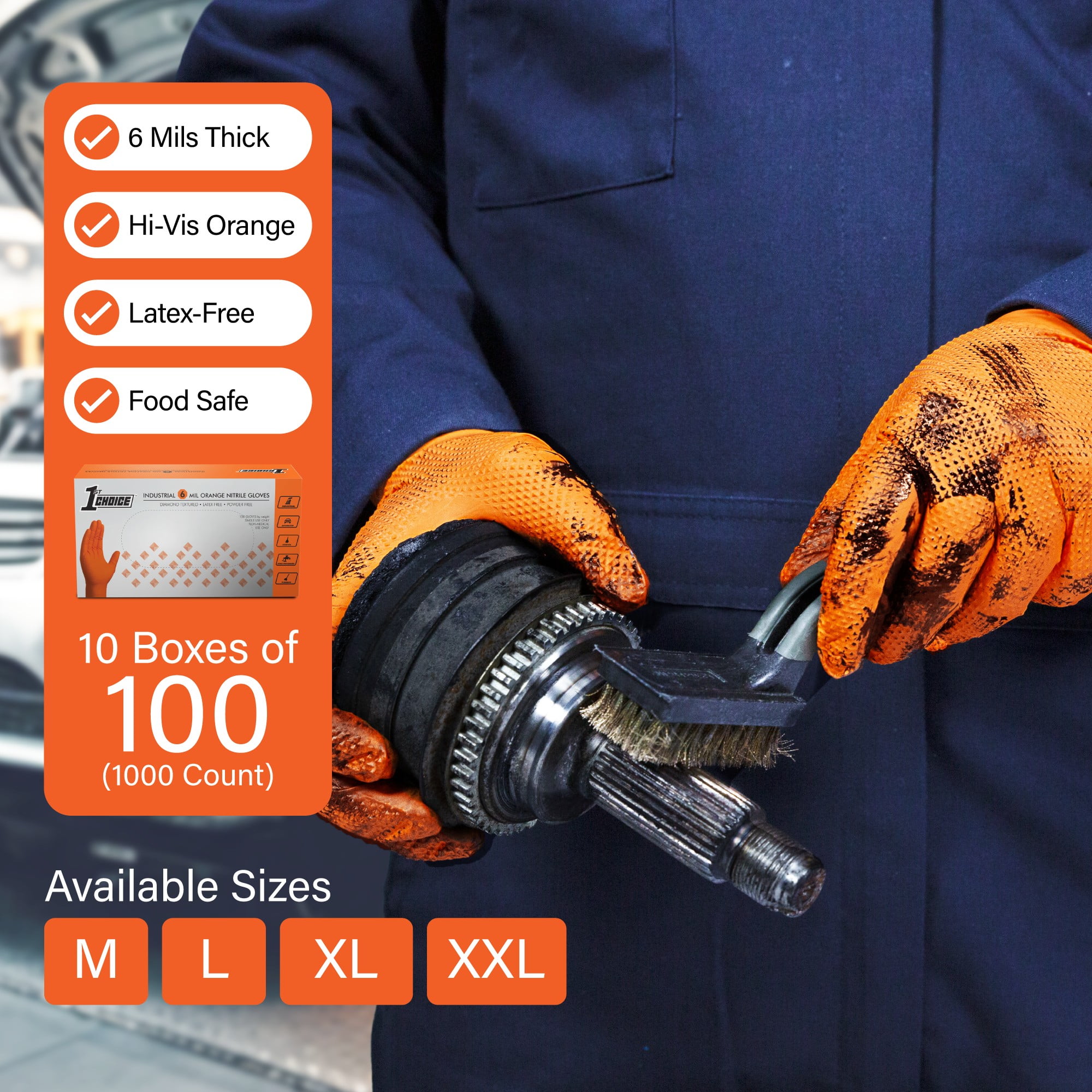 1st Choice Orange Disposable Nitrile Gloves Size Large, 1000 Count, Diamond Grip