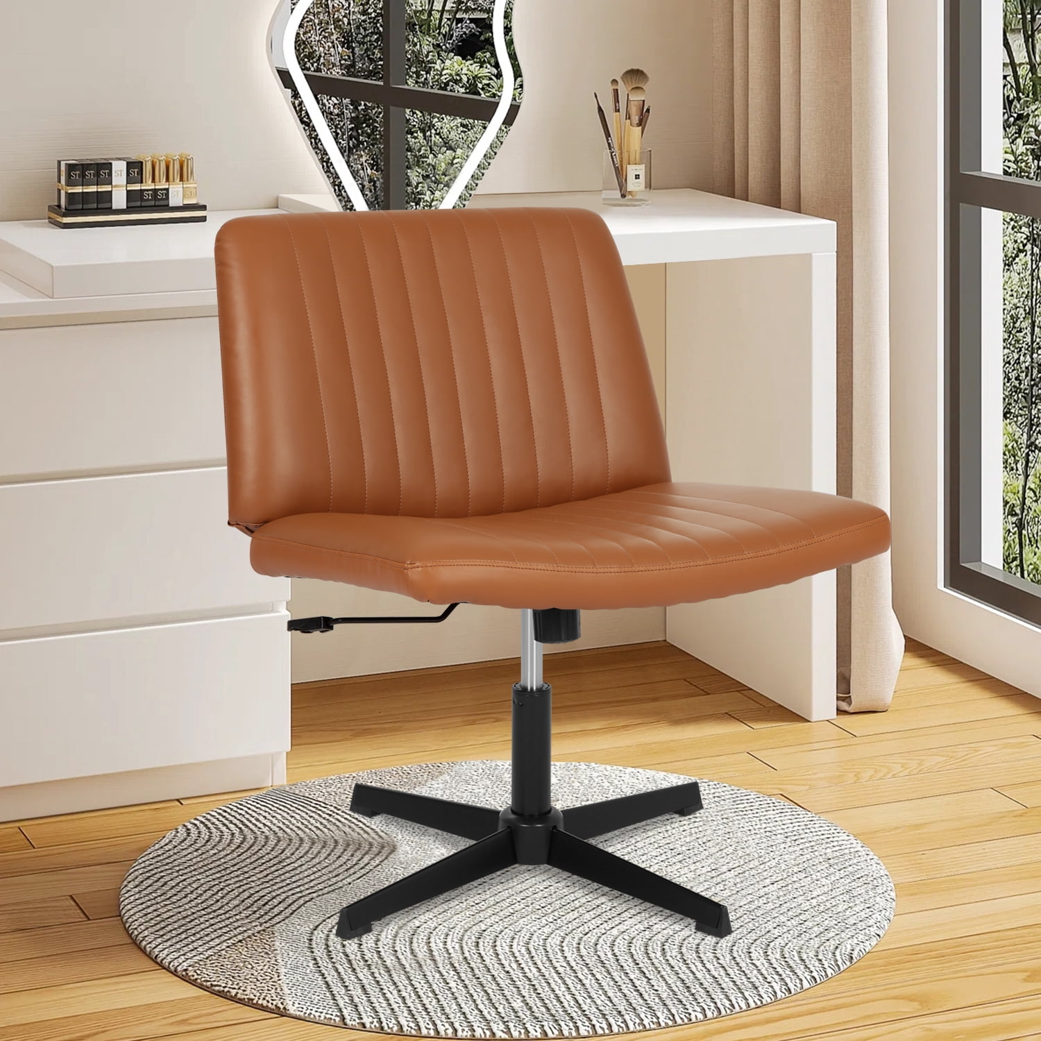 NiamVelo Criss Cross Chair, Armless Cross Legged Desk Chair Wide Seat Computer Task Chair Modern Height Adjustable Mid Back Chair No Wheels （Brown）
