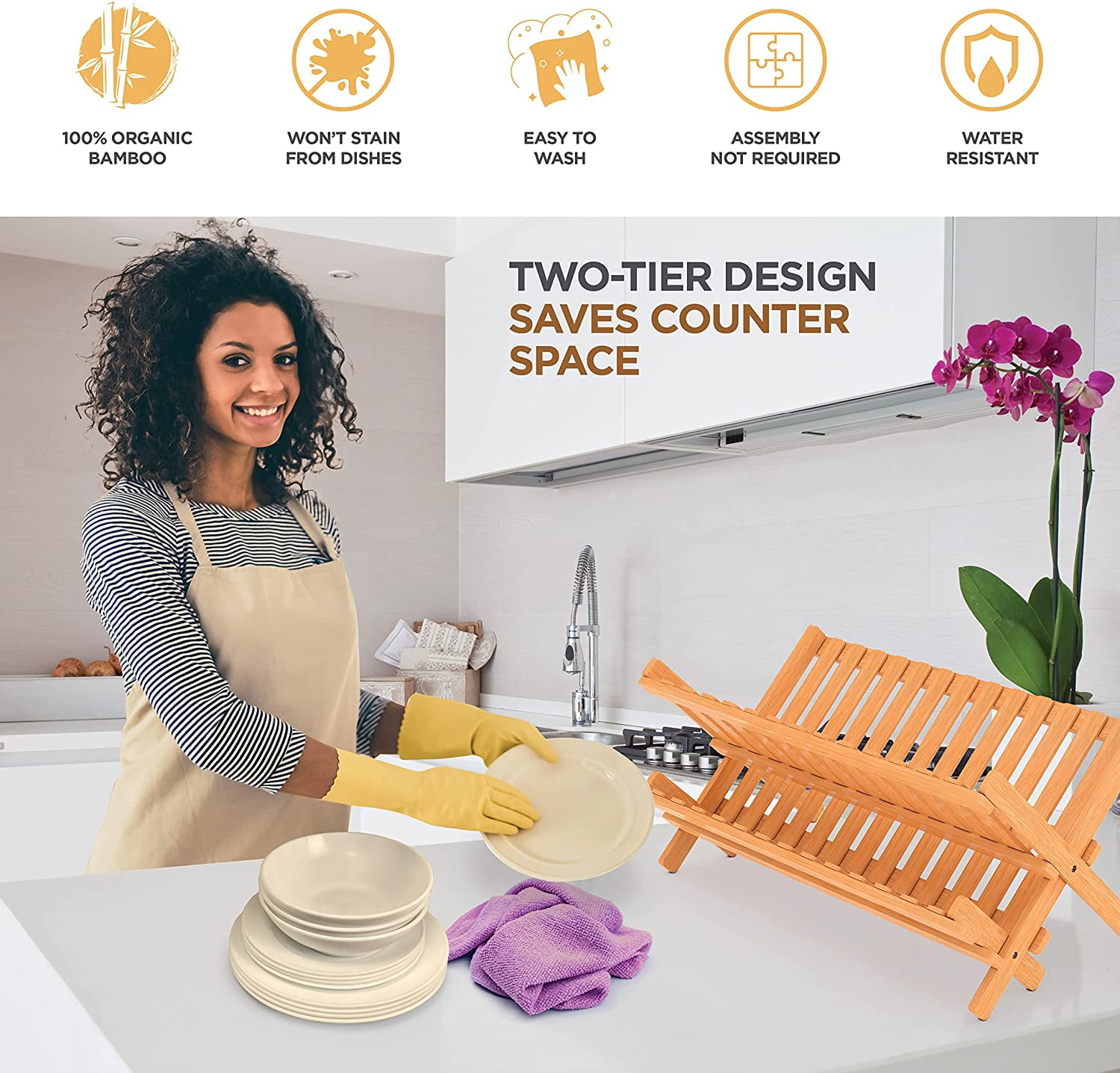 Bamboo Dish Rack Foldable Drying Collapsible Dish Drainer Wooden Plate Rack.