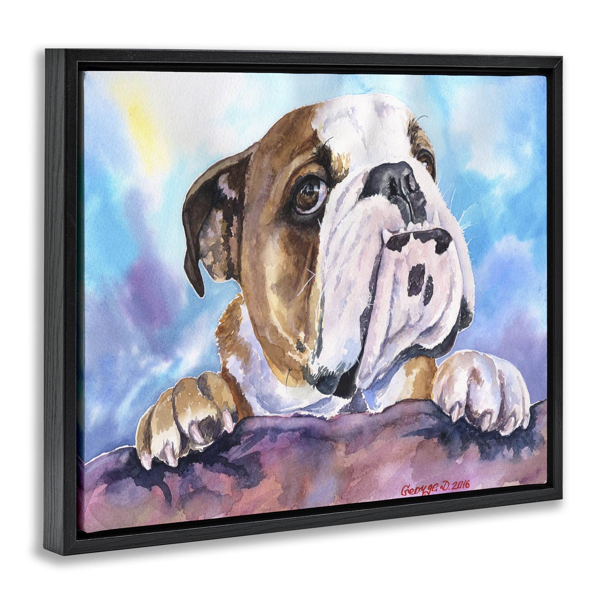 Stupell Industries English Bulldog Dog Pet Watercolor Animals & Insects Painting Black Floater Framed Canvas Art Print Wall Art, 31 x 25