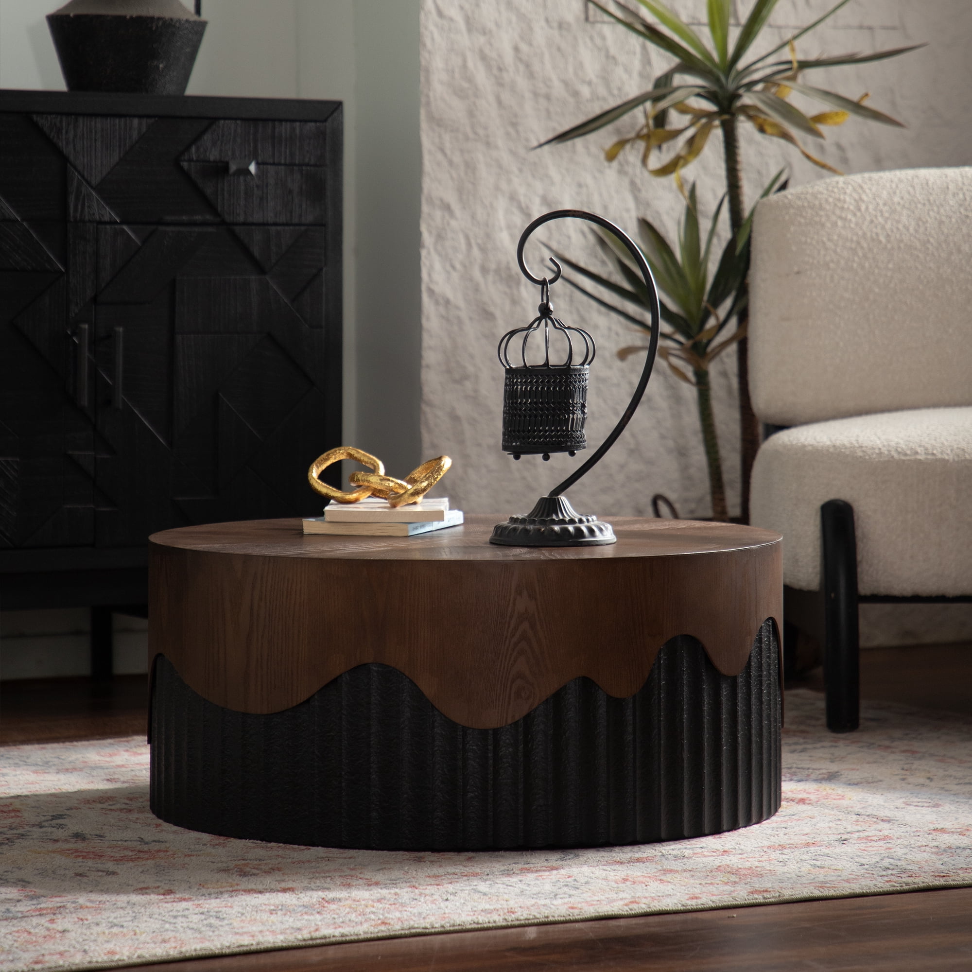 Leumius 30.31" Round Coffee Table Handcrafted Relief Sturdy Pedestal Wooden Tea Table for Living Room No Need Assembly Walnut