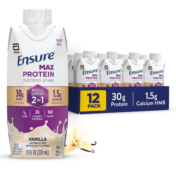 Ensure Max Protein Shake, 2-in-1 Muscle Support, 30g Protein, Vanilla, 11 fl oz, 12 Pack