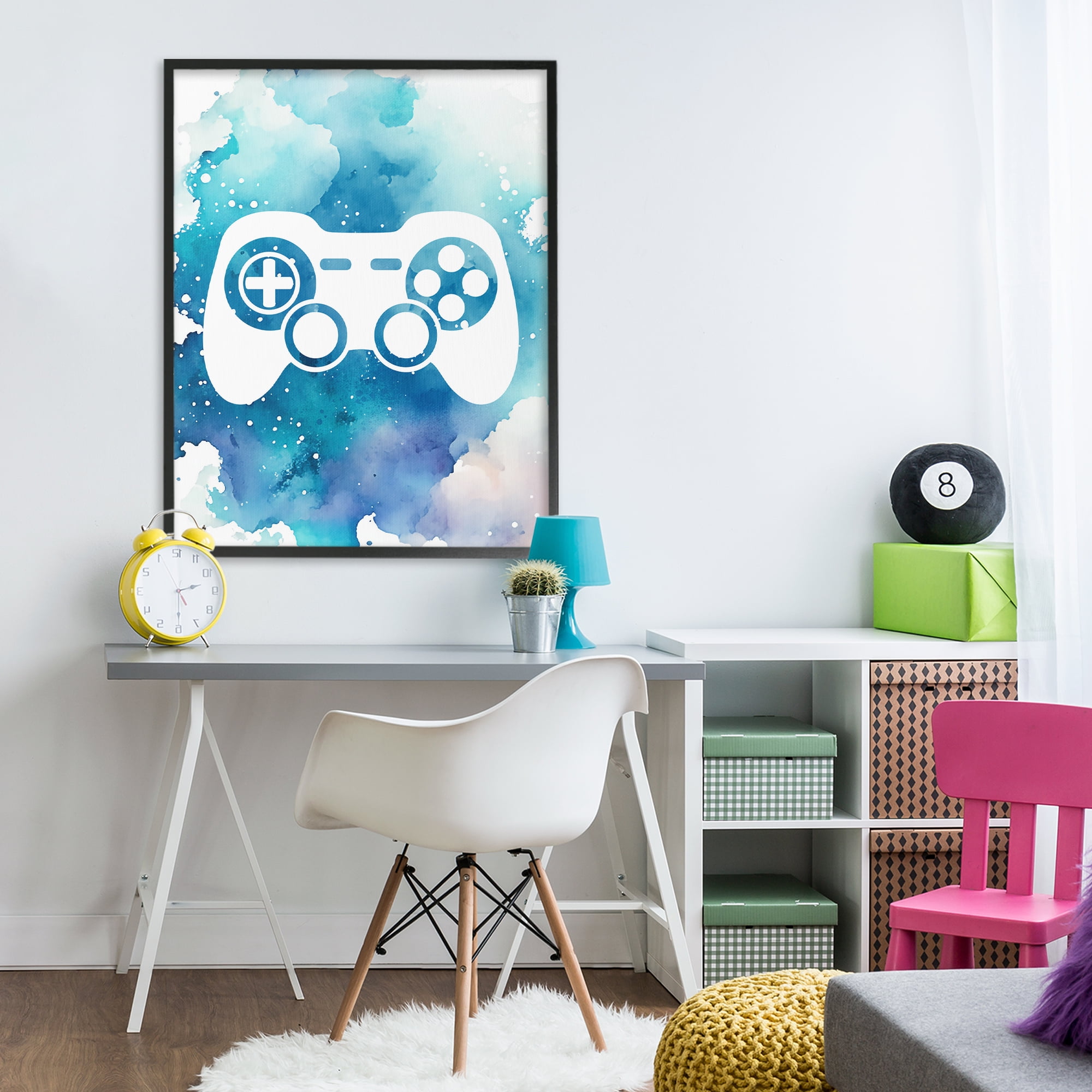 Blue Controller Splatter Black Framed Giclee Art, design by Marcus Prime