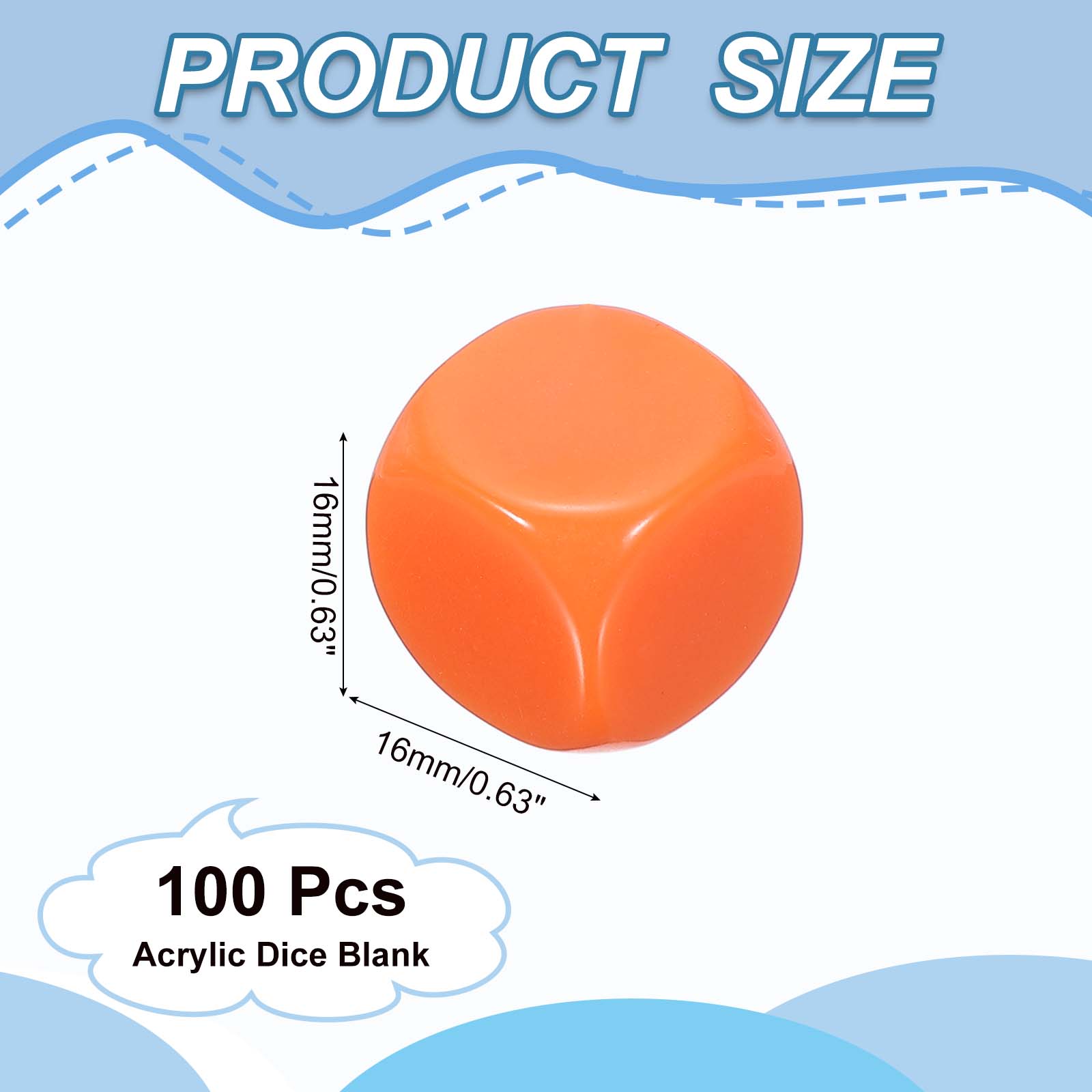 16 mm Acrylic Dice Blank, 100 Pcs Rounded Corner Blank Dice with Smoothed Surface Six Sided for Board, Orange