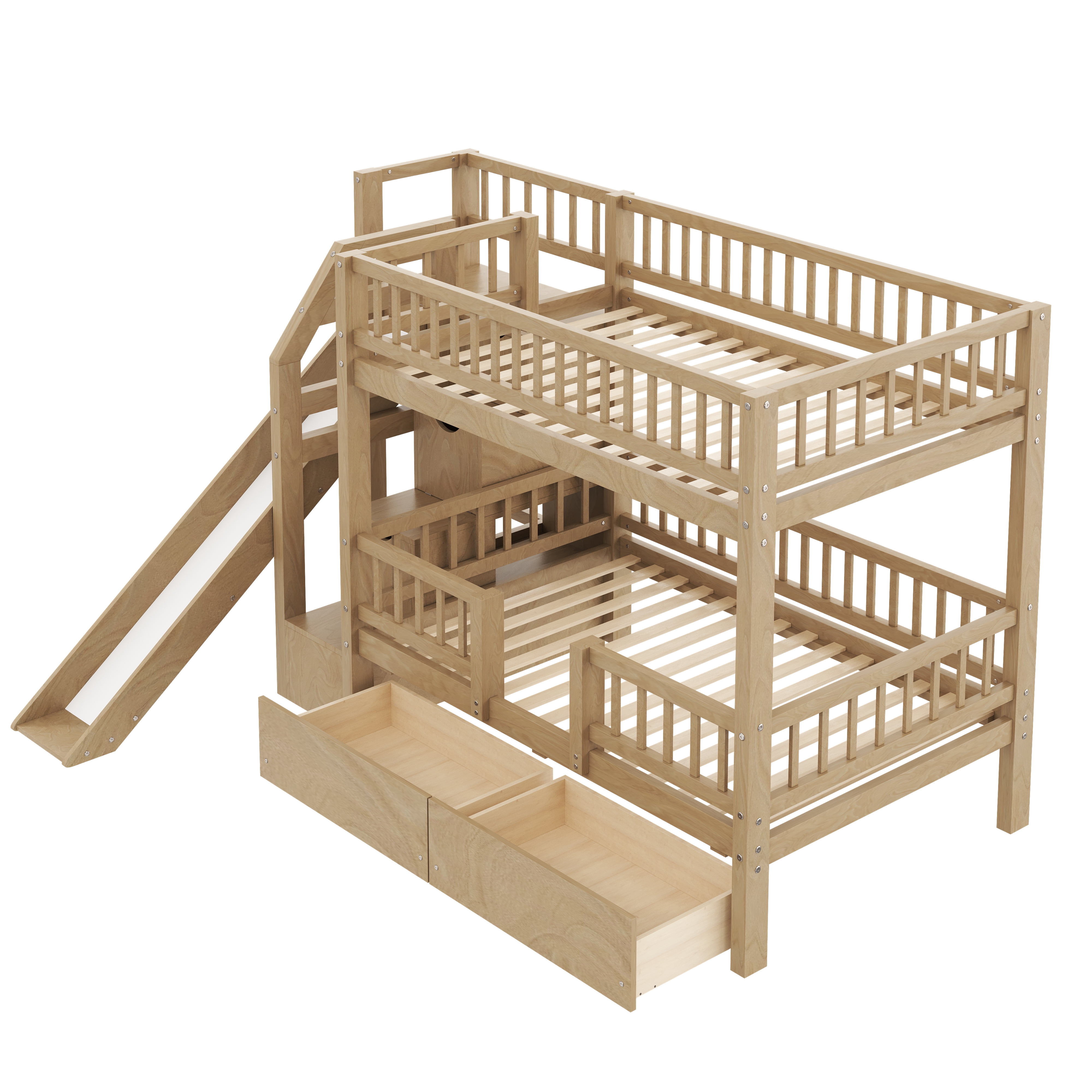 Euroco Twin over Twin Bunk Bed with Storage Staircase and Slide, Walnut