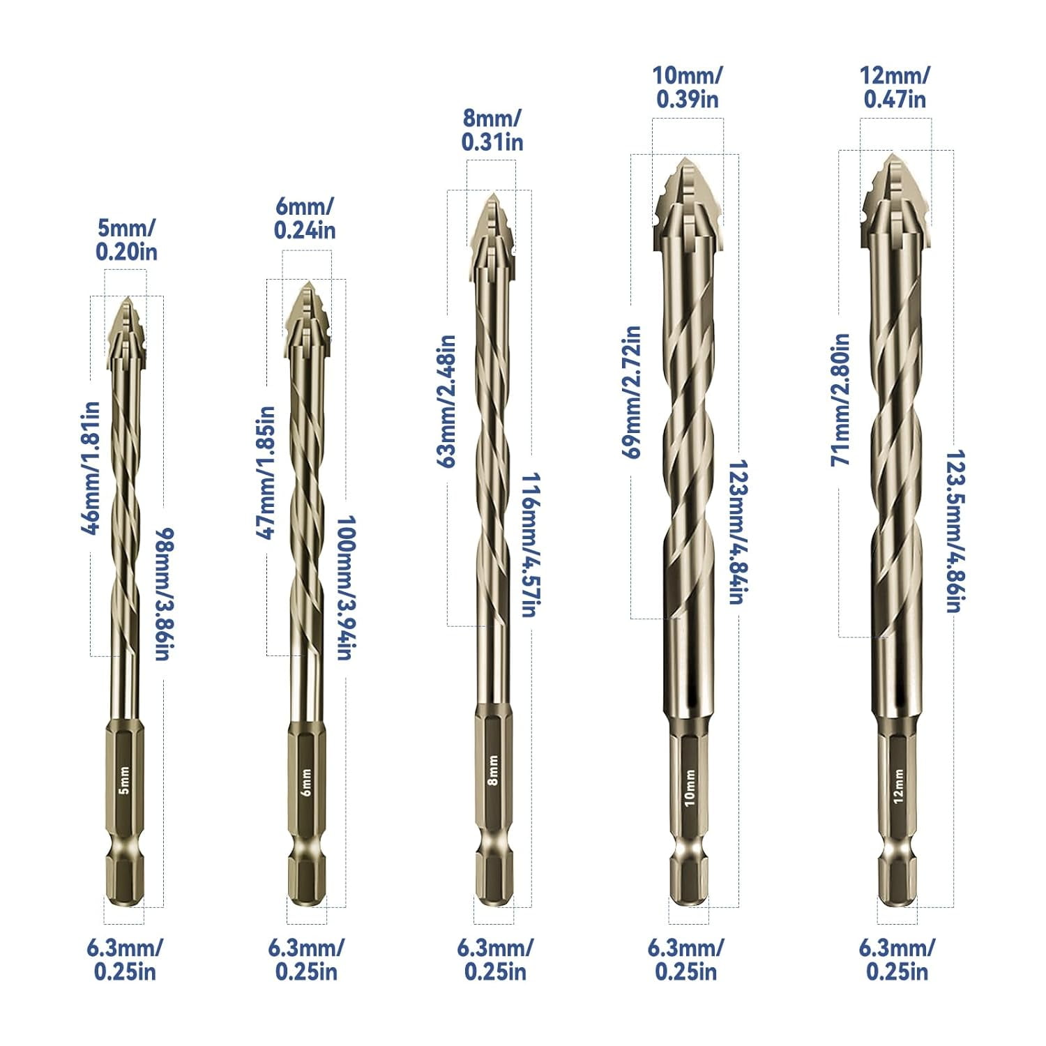 FRKSMD-Four-Flute Sawtooth Eccentric Drill Bit, Multifunction Drill Bit Set High Hardness Skewed Head Eccentric Drill (Yellow,10PC: 5/5/6/6/6/6/8/8/10/12MM)