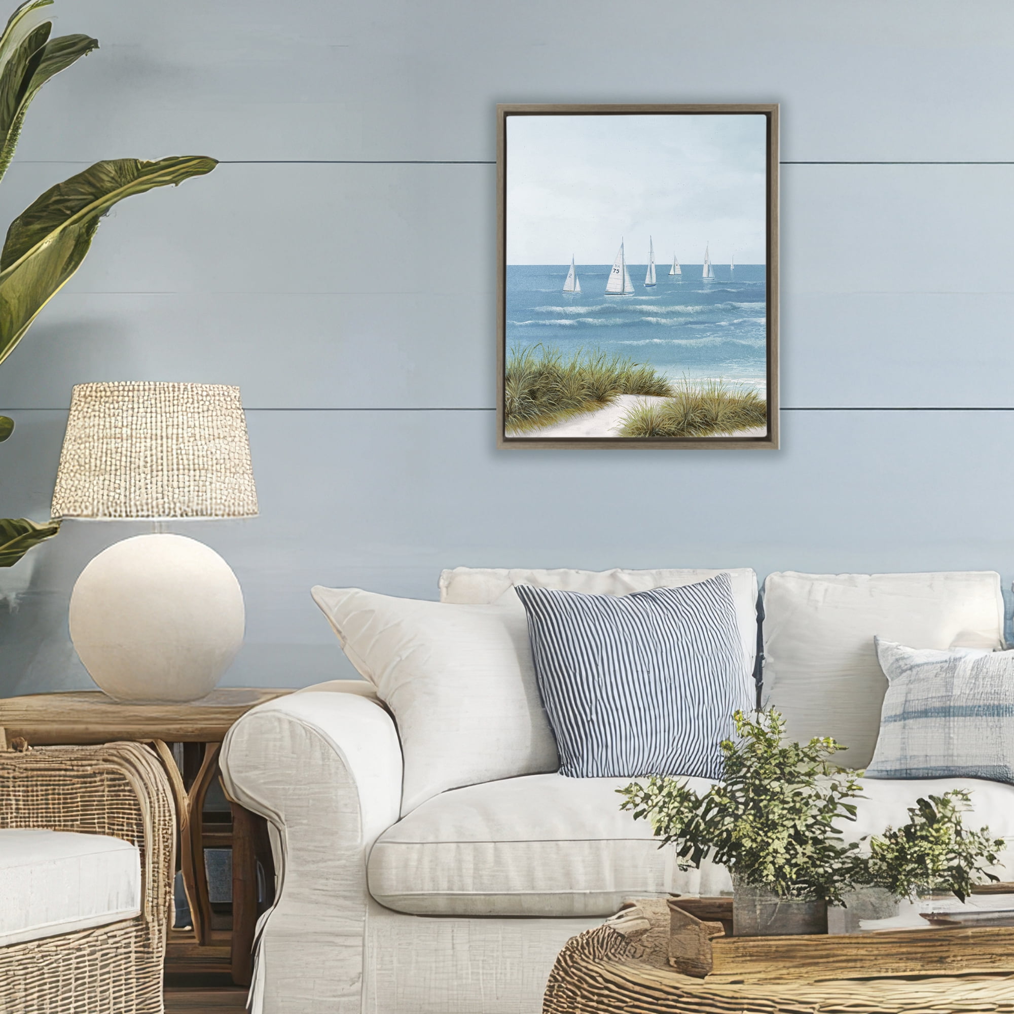 Stupell Industries Sail Away Beach Seascape Brown Framed Floater Canvas Wall Art, design by Lorenzo Collective