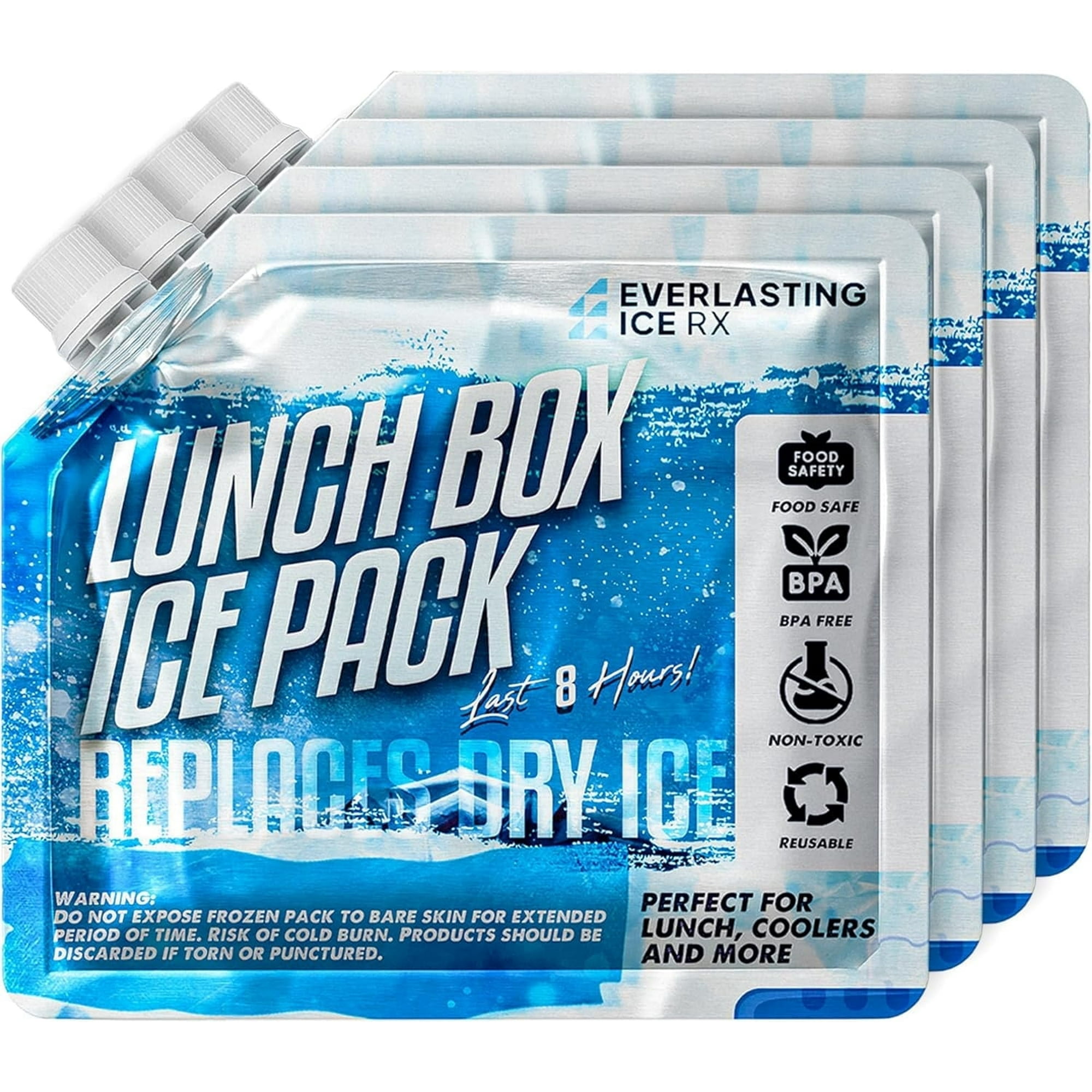 Everlasting Ice RX Reusable Ice Packs for Lunch Boxes, Non-Toxic Ice Packs with Long-Lasting Cold, 7.5” x 7.5“, 4-Pack