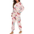 thumbnail image 2 of Yuyamidu Cherry Pajama Set of 2 Women's Long Sleeve Night Top & Long Pants with Pockets Size S Daisy Crewneck Sleepwear for Athletic Yoga Jogger, Pink, 2 of 7