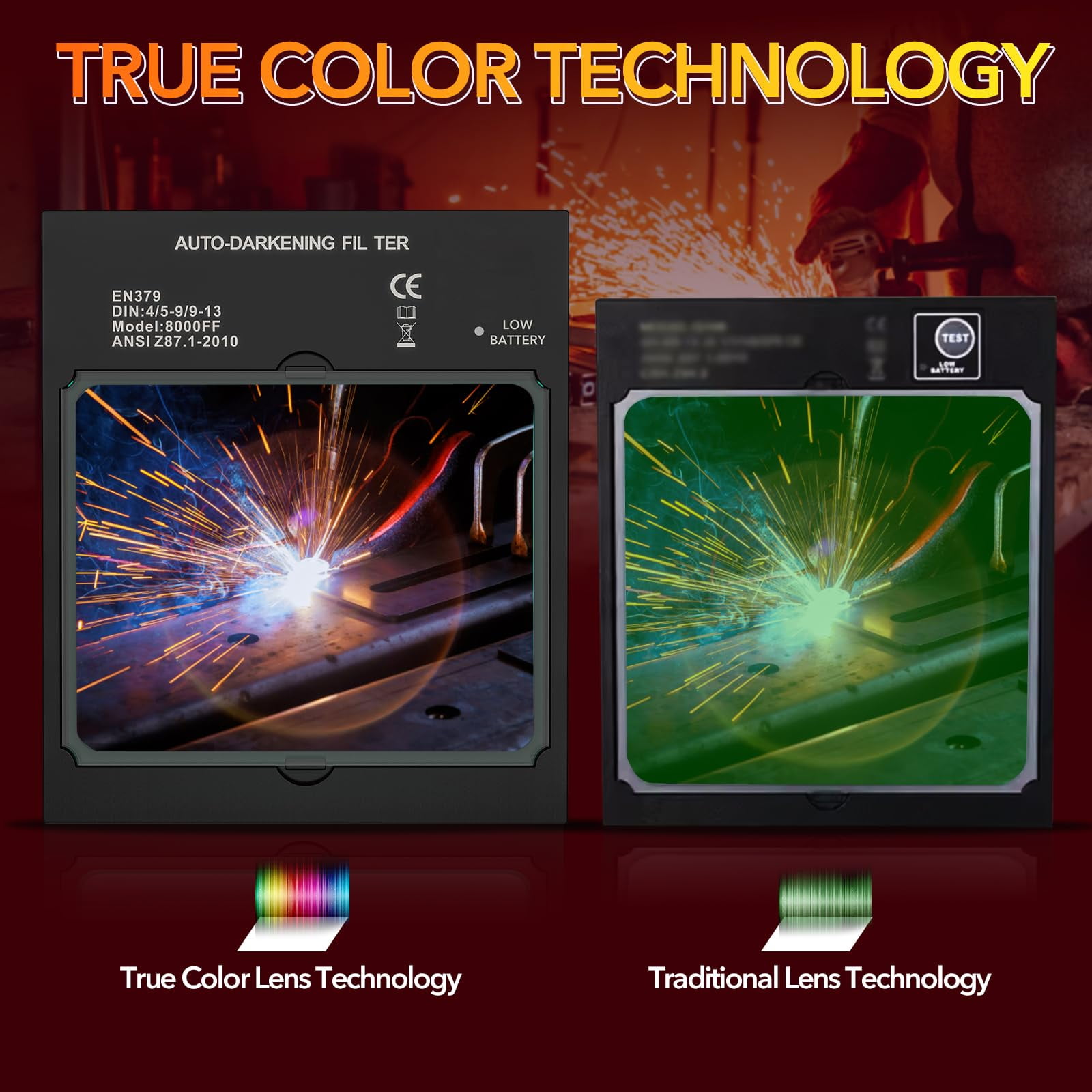 TRQWH Welding Helmet Auto Darkening Large Viewing True Color Solar Powered Welding Mask with 4 Arc Sensor Adjustable Wide Shade Range 4~5-8/9-13 Welder Mask with Grinding