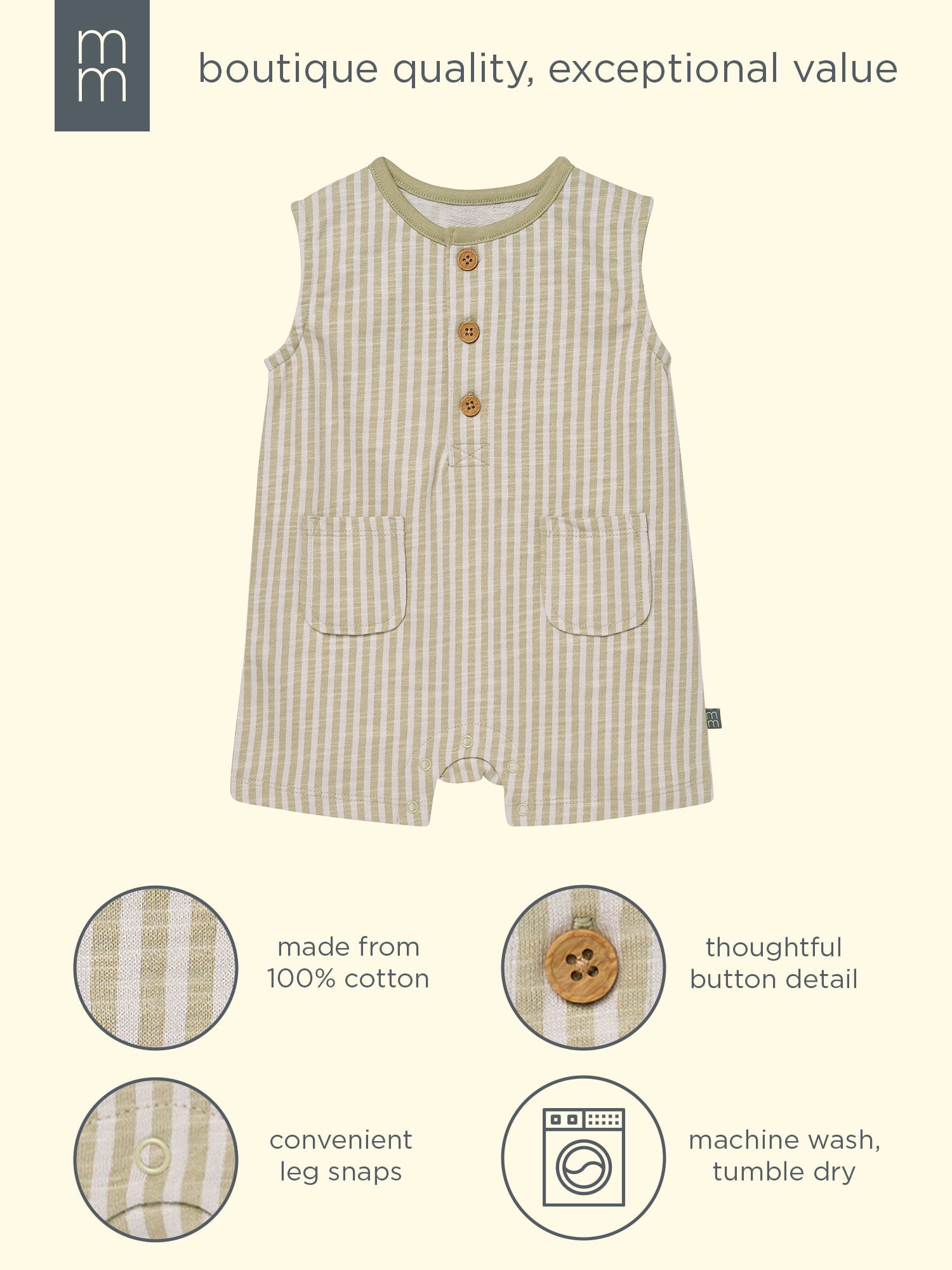 Modern Moments by Gerber Baby Boy Sleeveless Slouch Henley Romper with Pockets, Sizes 0/3 Months - 24 Months