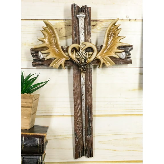 Inspirational Grand Elk Moose Bone Antlers with Spike Nails Faux Wood Wall Cross