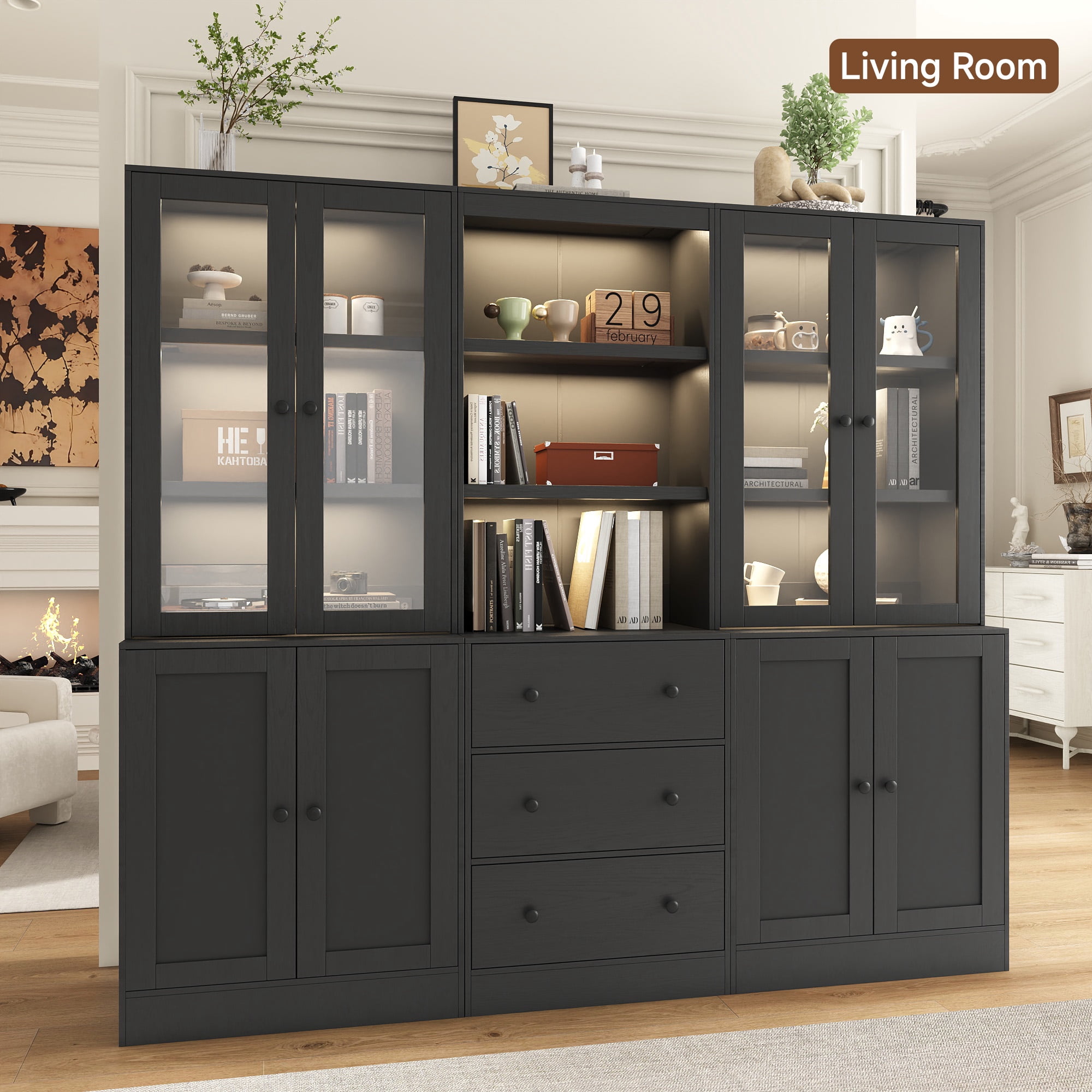 IDEALSOUL 3PCS 71" Tall Bookcase with Doors, Black Combination Bookcase with Charging Station and LED Light, Freestanding Display Cabinet with Large Storage Space for Living Room, Office, Bedroom